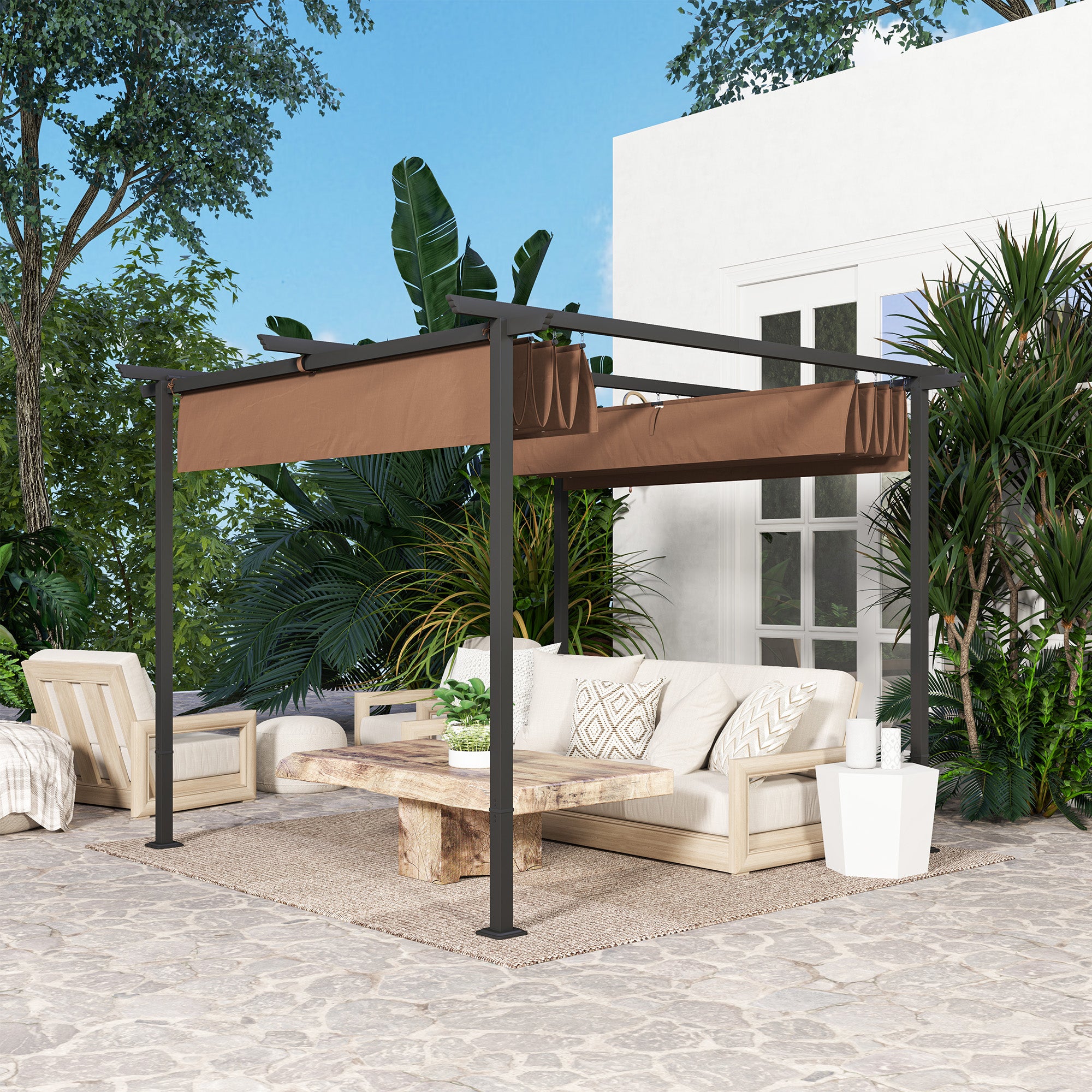 Solarias Pergola jardin exterieur 3x3 m toit coulissante rétractable polyester haute densité 180g/m², abri soleil UPF30+, ma