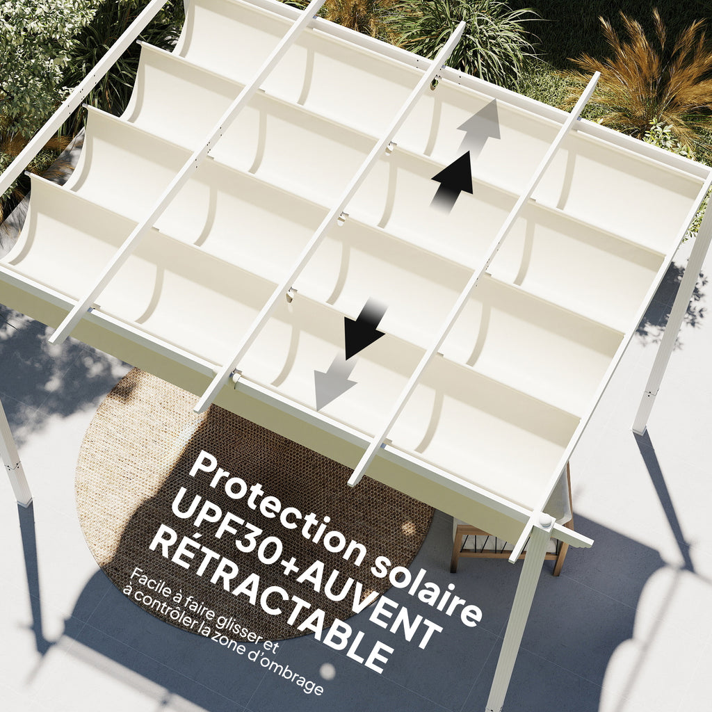Solarias Pergola Tonnelle de Jardin Toit Rétractable avec Toile Coulissante Magnétique et Trous de Drainage 390x297x227cm Be