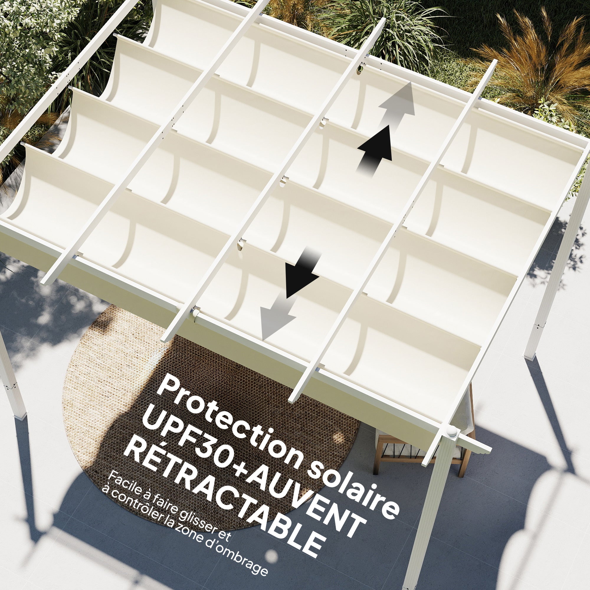 Solarias Pergola Tonnelle de Jardin Toit Rétractable avec Toile Coulissante Magnétique et Trous de Drainage 390x297x227cm Be