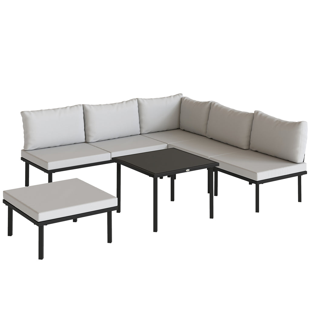 Solarias Salon de jardin extérieur d'angle modulable 6 personnes, table basse avec plateau en verre trempé, gris clair