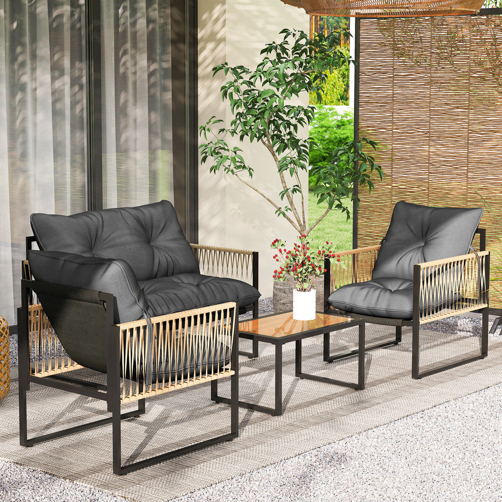 Solarias Ensemble salon de jardin 4 pièces canapé 2 places 2 fauteuils et 1 table basse plateau verre trempé 3 coussins - gr