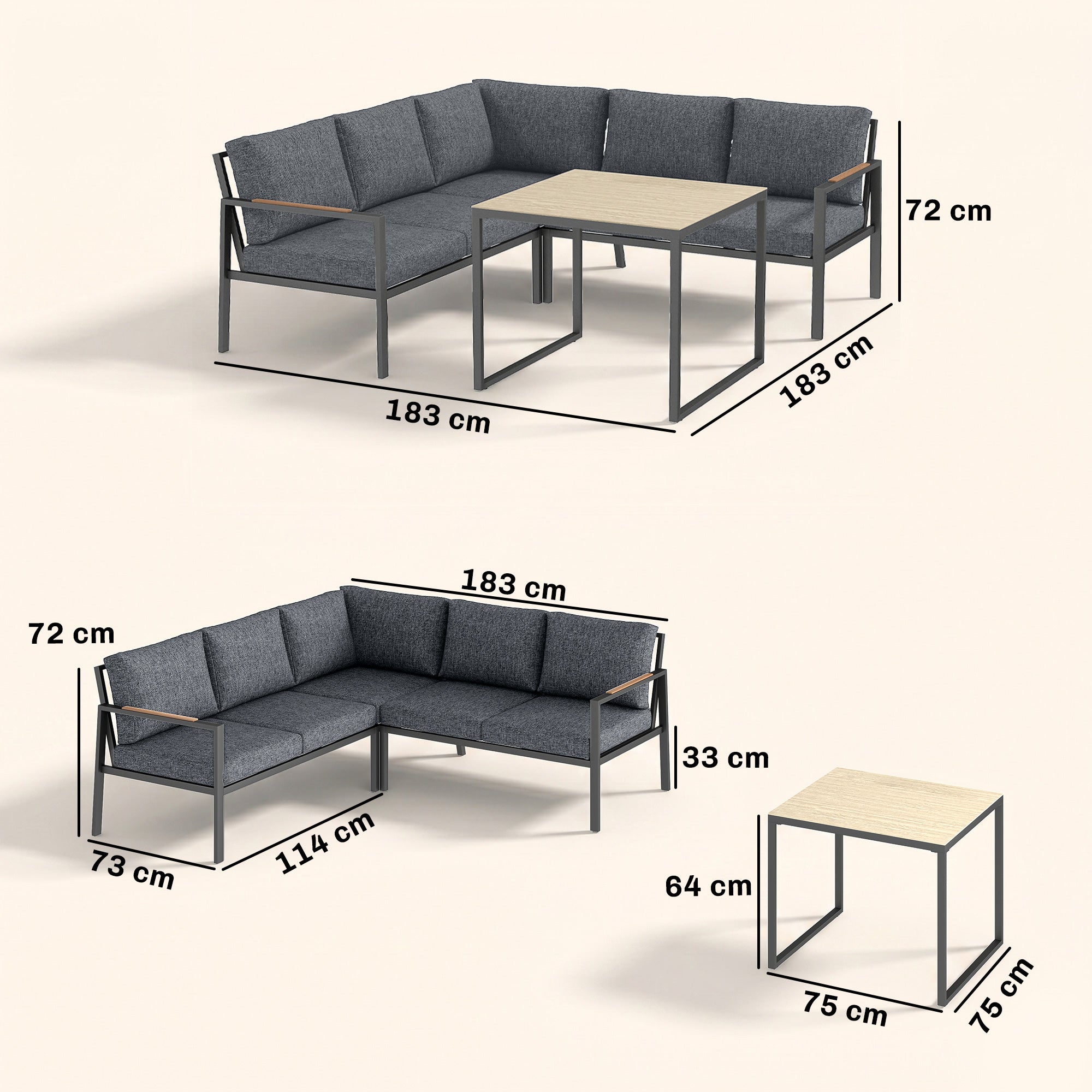 Solarias Salon de Jardin Extérieur 3 Pièces 5 Personnes, 2 Canapés avec Coussins Épais, 1 Table Basse, 183x183x72cm, Gris Fo