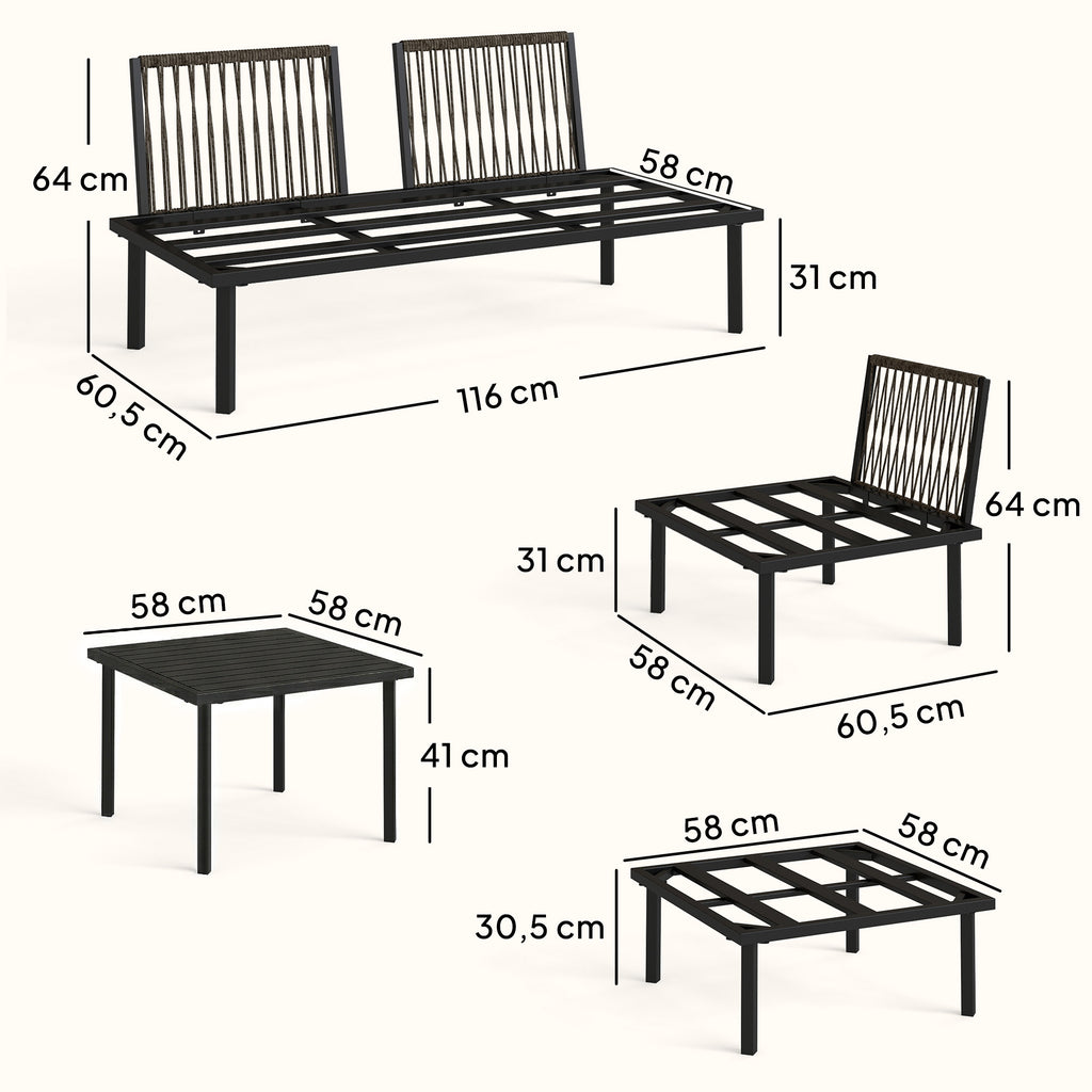 Solarias Ensemble lounge de jardin 5-6 personnes Set lounge avec canapé 2 places, 2 chaises, fauteuil d'angle, table à lames