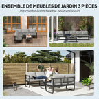 Solarias Salon de jardin extérieur 3 pièces en L avec canapés et table basse en verre, assise réglable 5 positions, gris