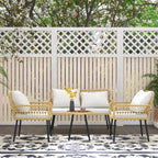 Solarias Ensemble salon de jardin 4 pièces canapé 2 places 2 fauteuils avec 7 coussins 1 table basse ronde, résine tressée