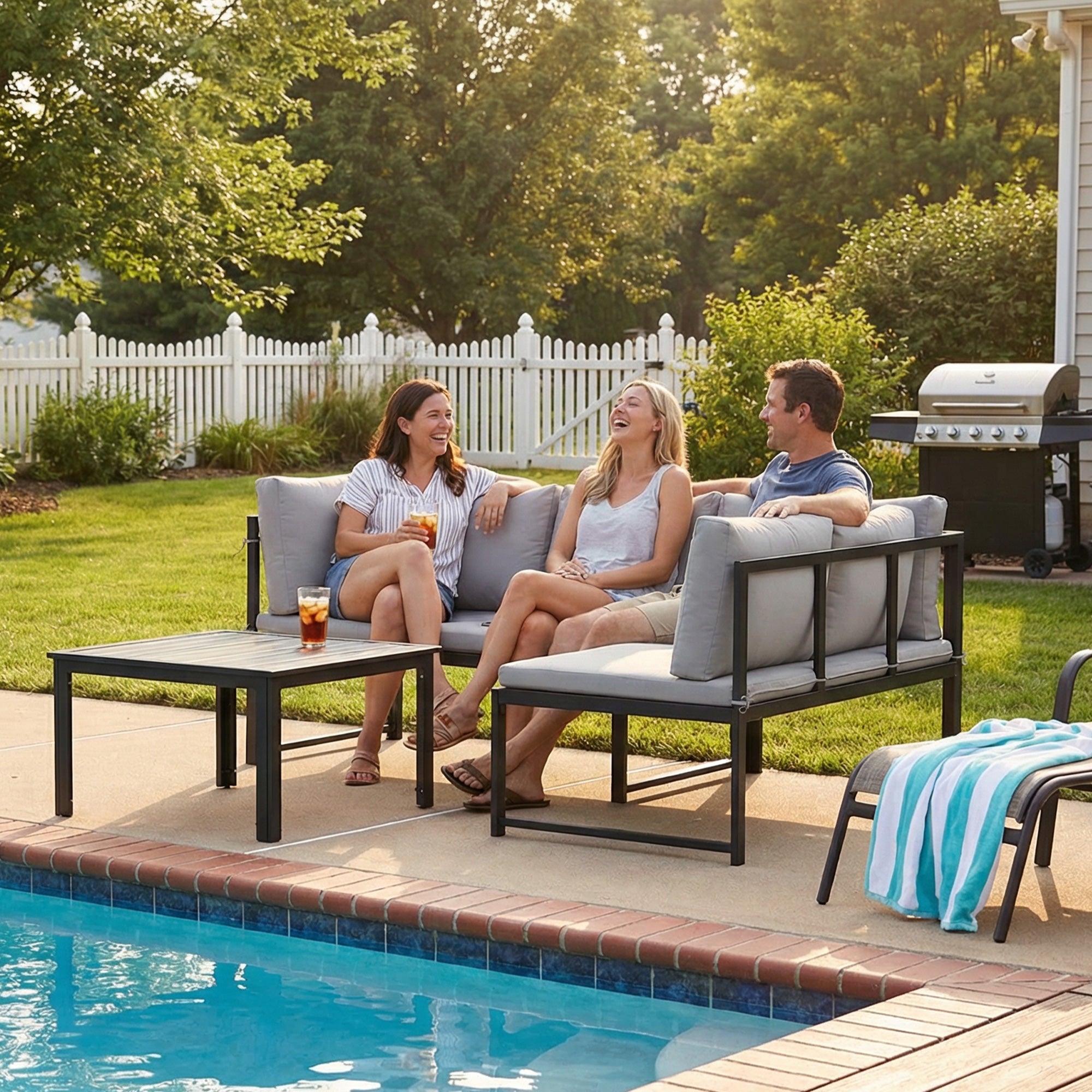 Solarias Salon de Jardin Mobilier de Terrasse 3 Pièces 4 Places Modulable avec Accoudoir Réglable Coussins Épais 16cm Gris
