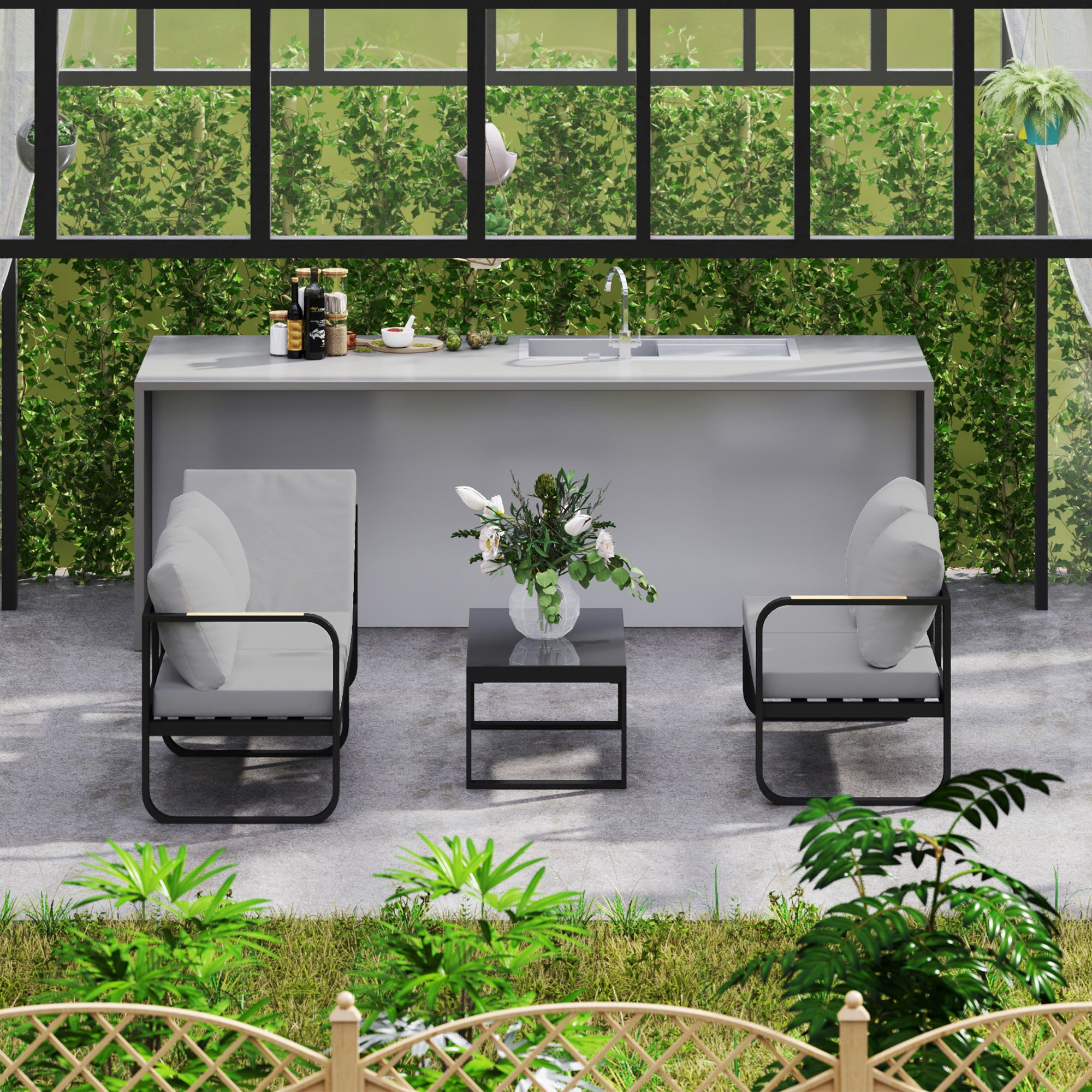Solarias Salon de jardin extérieur 3 pièces en L avec canapés et table basse en verre, assise réglable 5 positions, gris