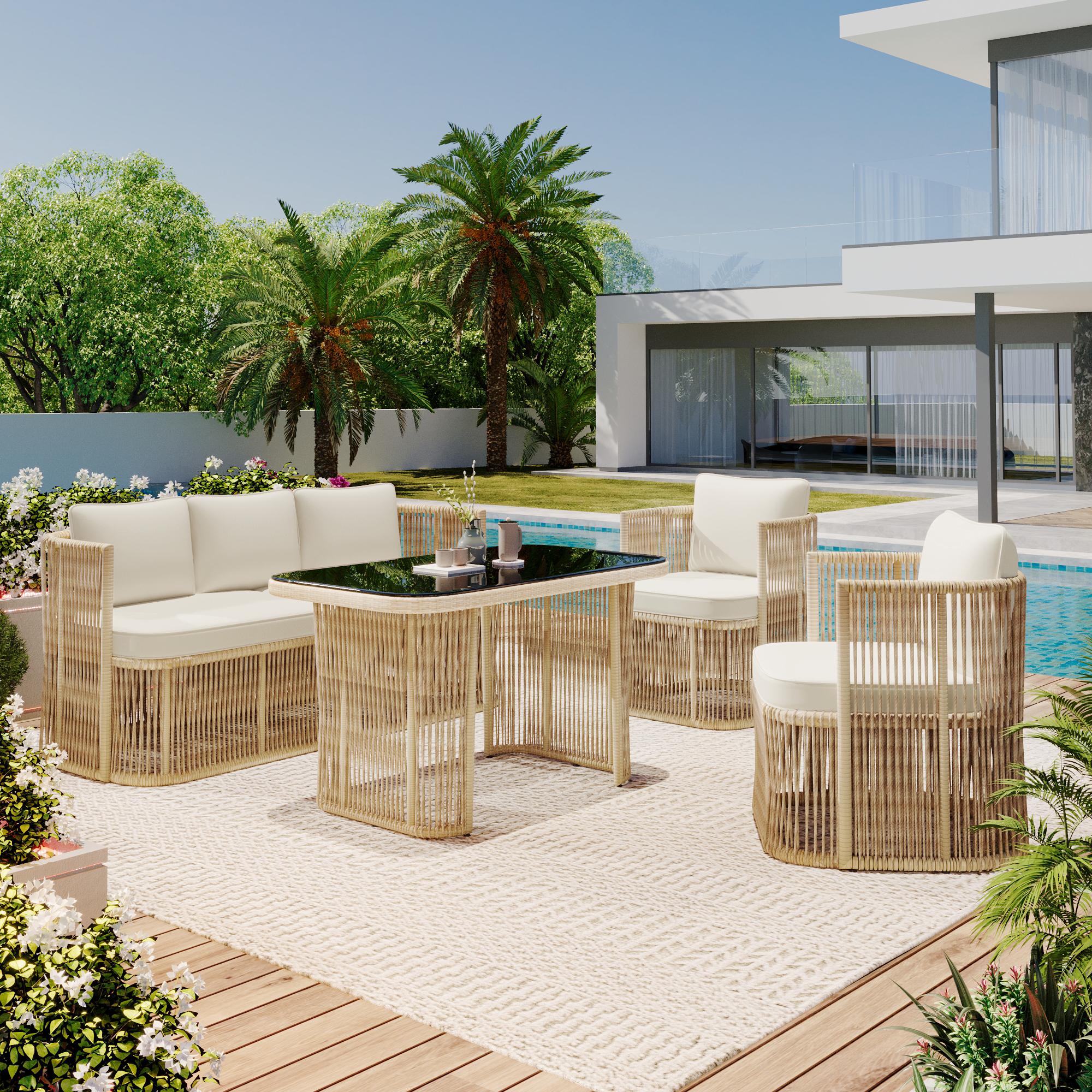 Solarias Ensemble de jardin 5‑pièces PE‑rotin, canapé 3‑places, 2 fauteuils et table en verre, Beige+Noir+Blanc