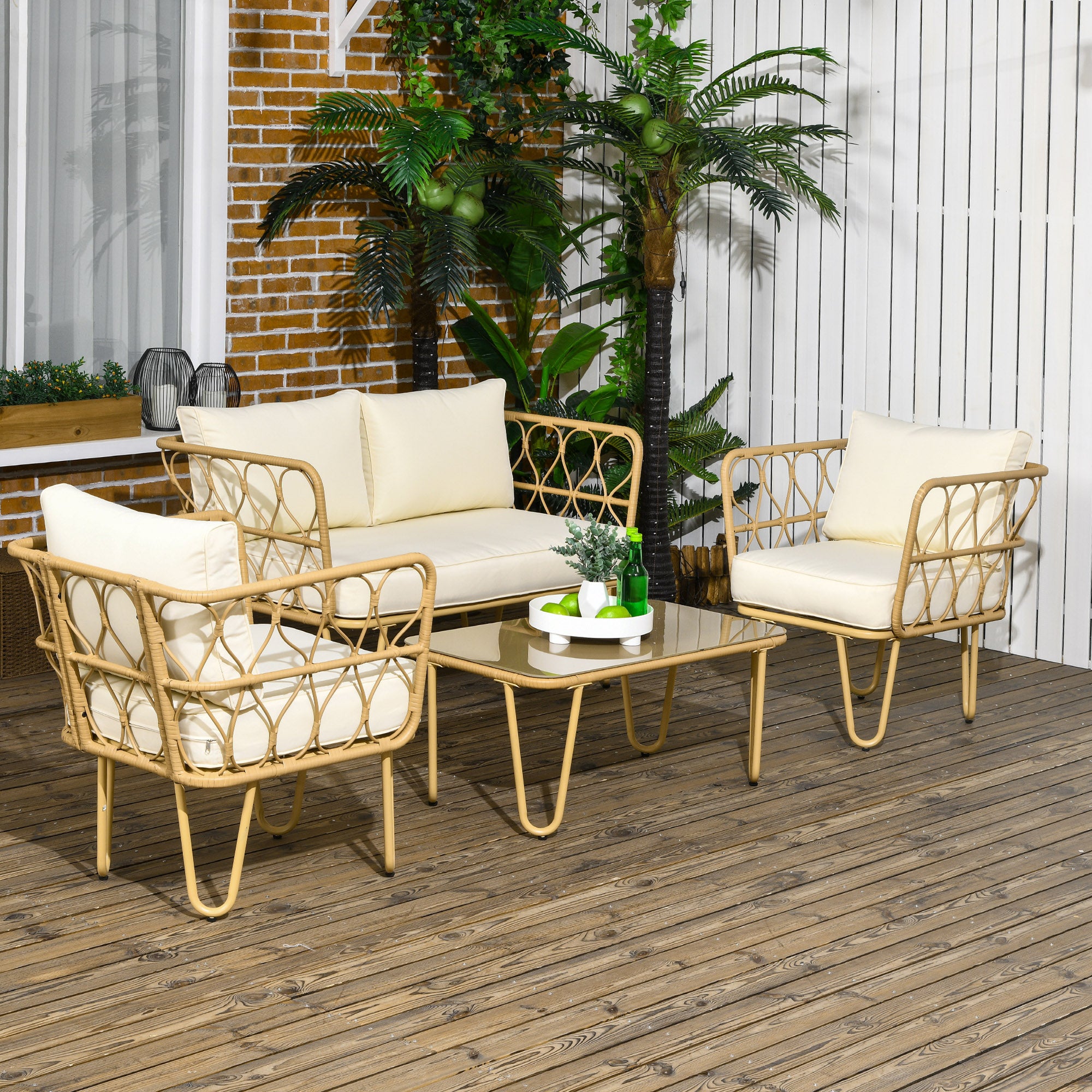 Solarias Ensemble salon de jardin canapé 2 places + 2 fauteuils + 1 table basse plateau verre trempé 7 coussins écru