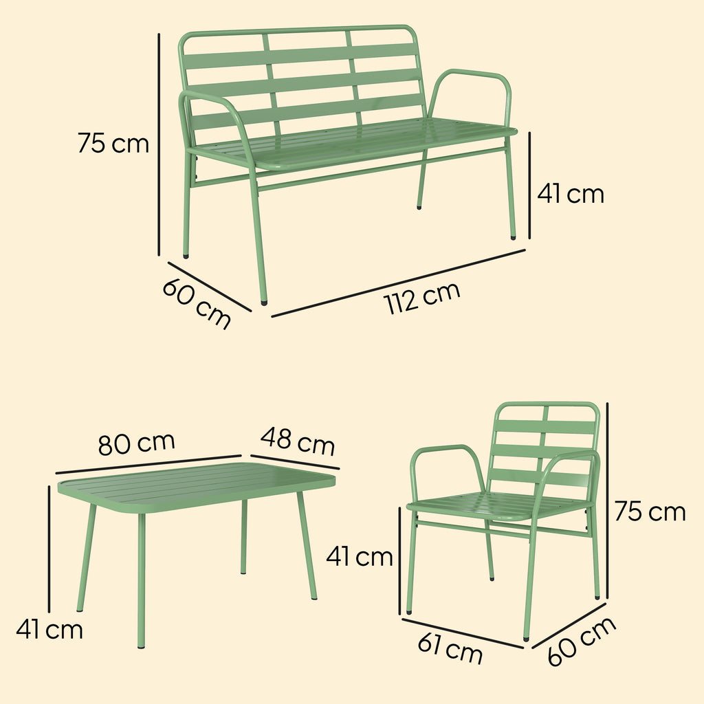 Solarias Salon de Jardin Extérieur en Acier 4 Pièces, Canapé 2 Places, 2 Fauteuils, Table Basse, à Lattes, 112x60x75cm, Vert