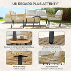 Solarias Ensemble salon de jardin 4 pièces canapé 2 places 2 fauteuils avec 7 coussins 1 table basse ronde, résine tressée