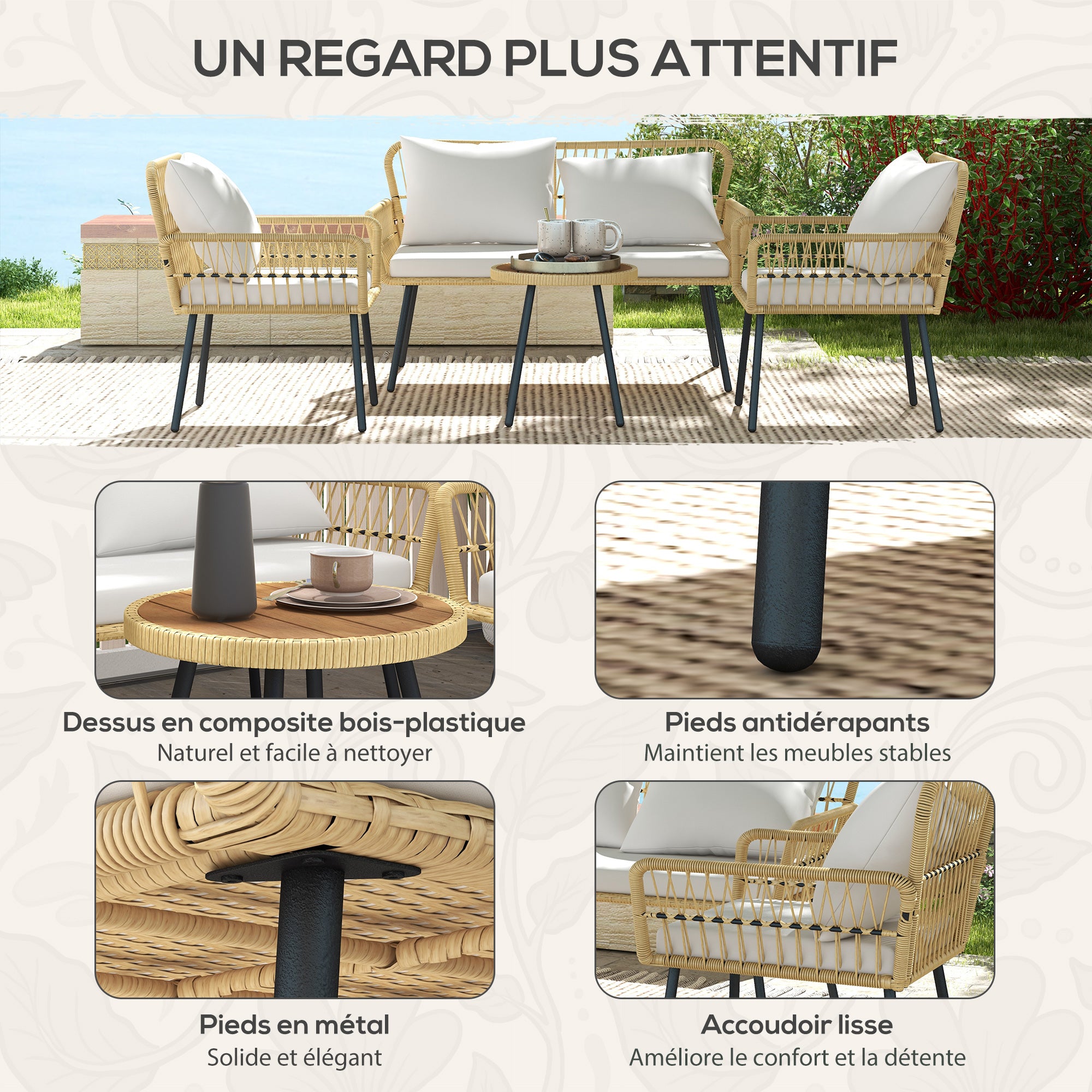 Solarias Ensemble salon de jardin 4 pièces canapé 2 places 2 fauteuils avec 7 coussins 1 table basse ronde, résine tressée