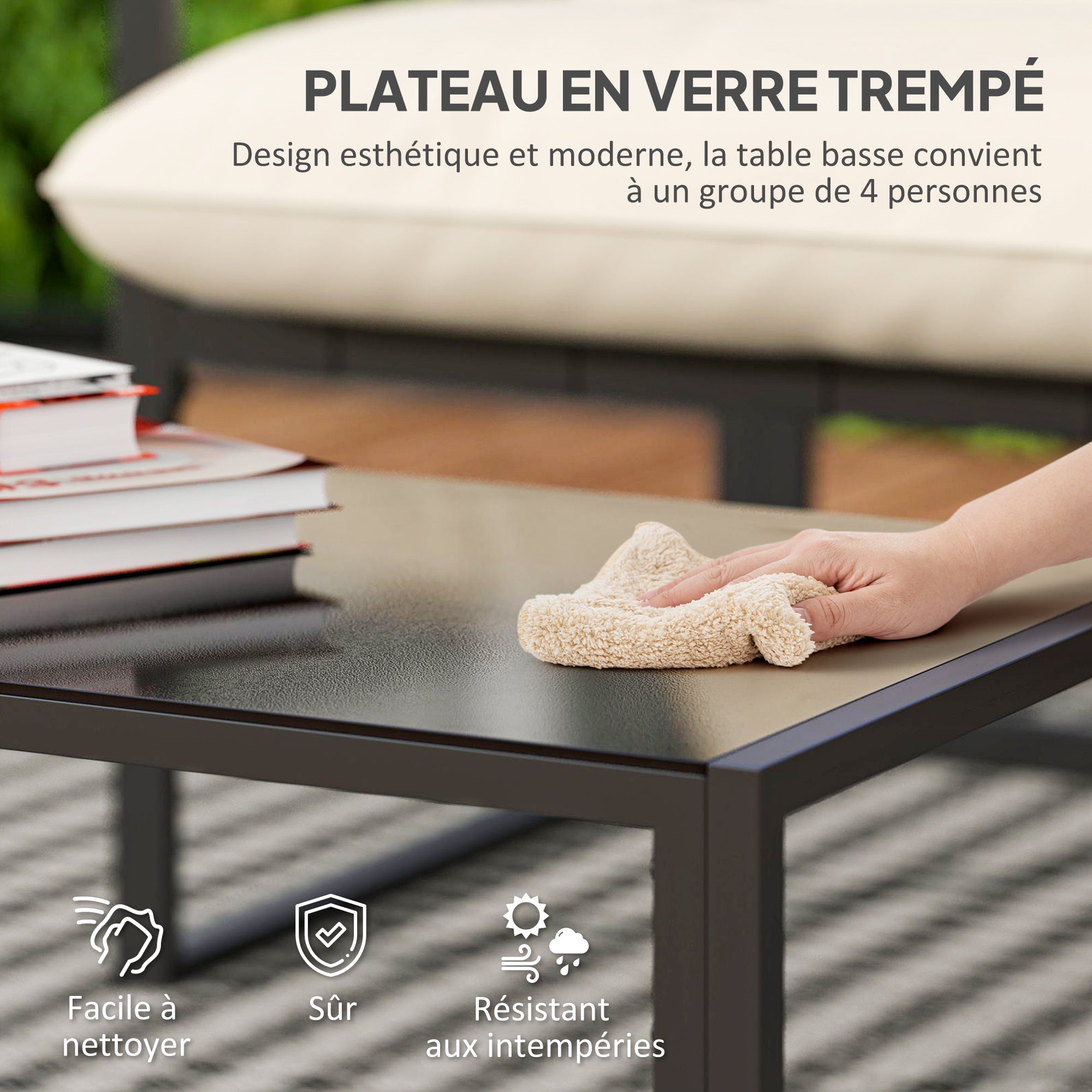 Solarias Salon de jardin 4 pièces 4 personnes avec canapé 2 places, 2 fauteuils et 1 table basse gris