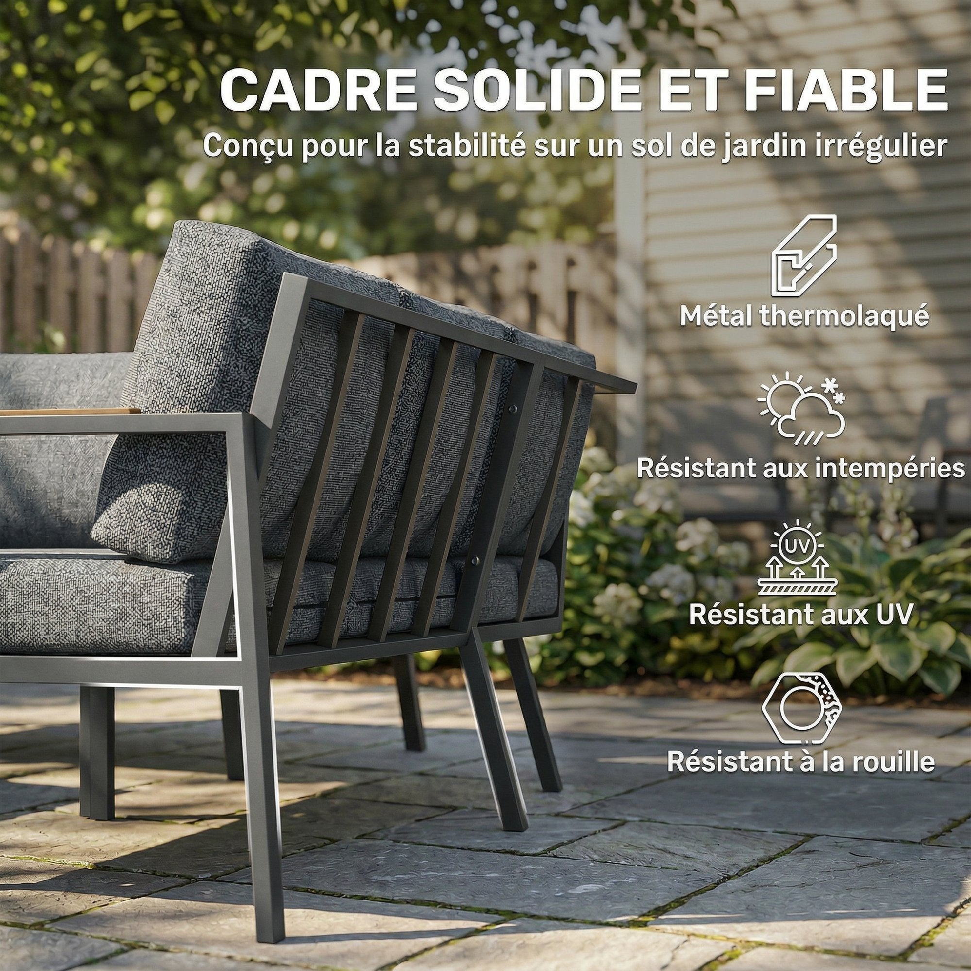 Solarias Salon de Jardin Extérieur 3 Pièces 5 Personnes, 2 Canapés avec Coussins Épais, 1 Table Basse, 183x183x72cm, Gris Fo