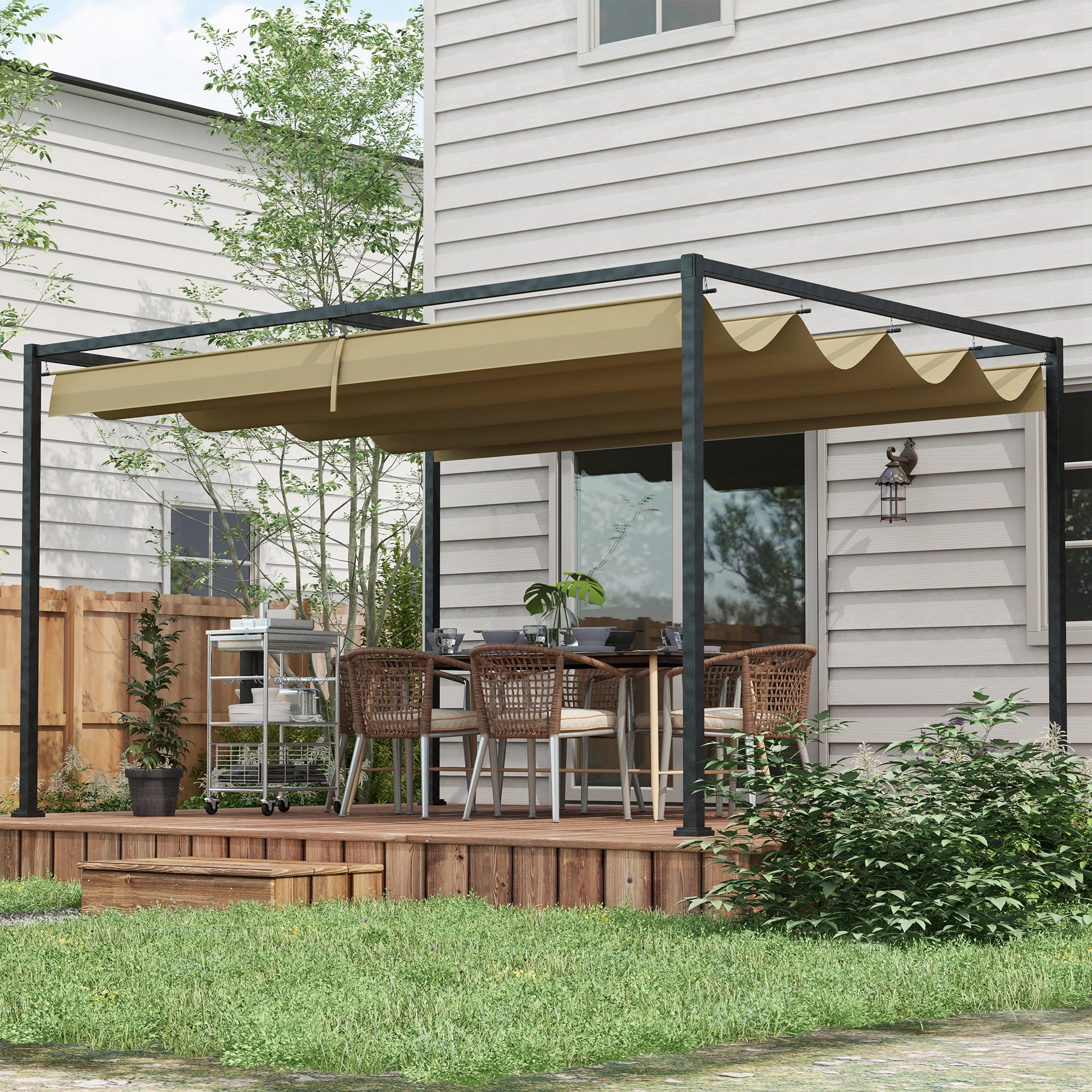 Solarias Pergola coulissante Pergola rétractable 3 x 2 m structure métal époxy anticorrosion toile polyester 180 g/m² kaki