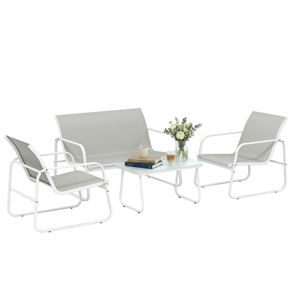 Solarias Ensemble Jardin Extérieur 4 Pièces avec Canapé 2 Places 2 Fauteuils Table en Verre Trempé Tissu Textilene Gris Clar