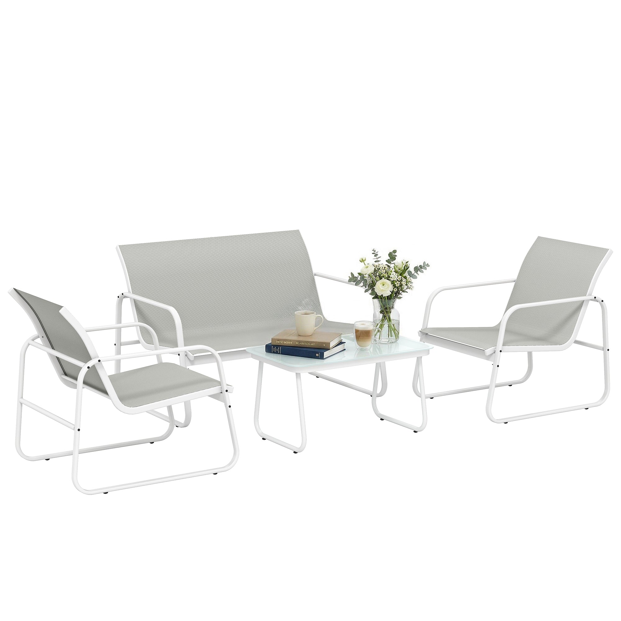 Solarias Ensemble Jardin Extérieur 4 Pièces avec Canapé 2 Places 2 Fauteuils Table en Verre Trempé Tissu Textilene Gris Clar