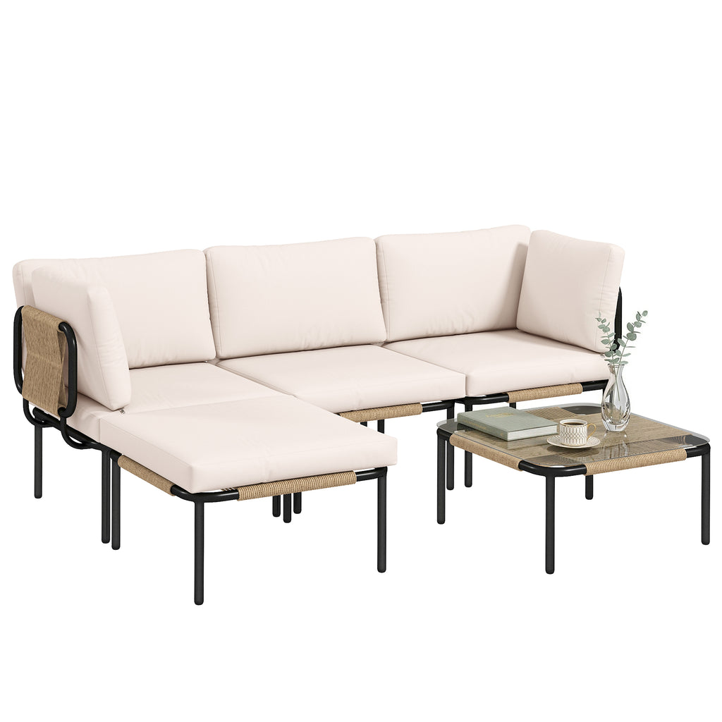 Solarias Ensemble lounge en Polyrattan 5 pièces avec 3 fauteuils, table en verre, repose-pieds, assise large & profonde, cou