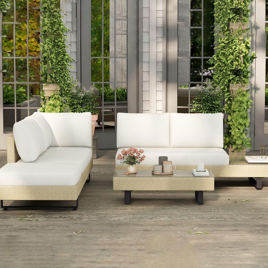 Solarias Salon de jardin d'angle 5 places design contemporain coussins déhoussables table basse acier époxy résine tressée b