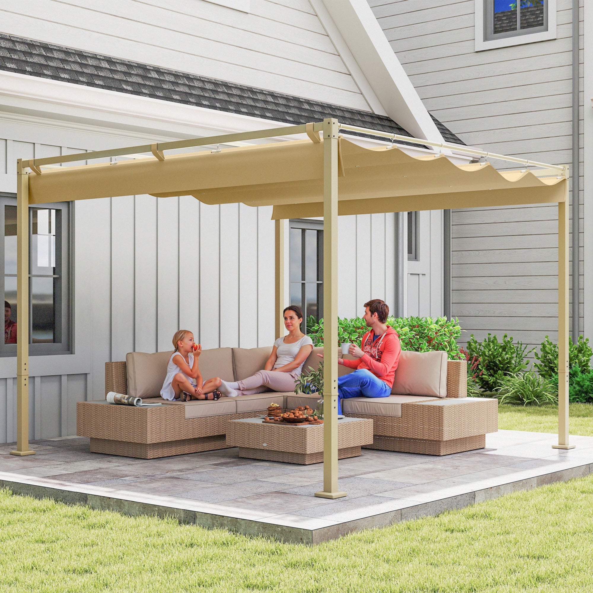 Solarias Pergola de jardin 3 x 3m avec toit rétractable et fixation magnétique, auvent de protection solaire, UPF30+, kaki