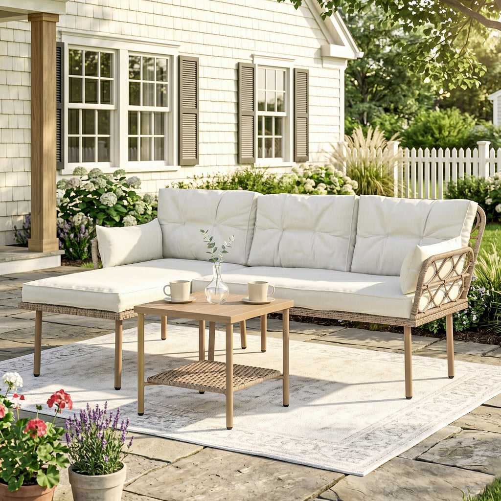 Solarias Salon de jardin d'angle 4 pers. 3 pièces avec 1 table basse coussins grand confort inclus résine tressée crème