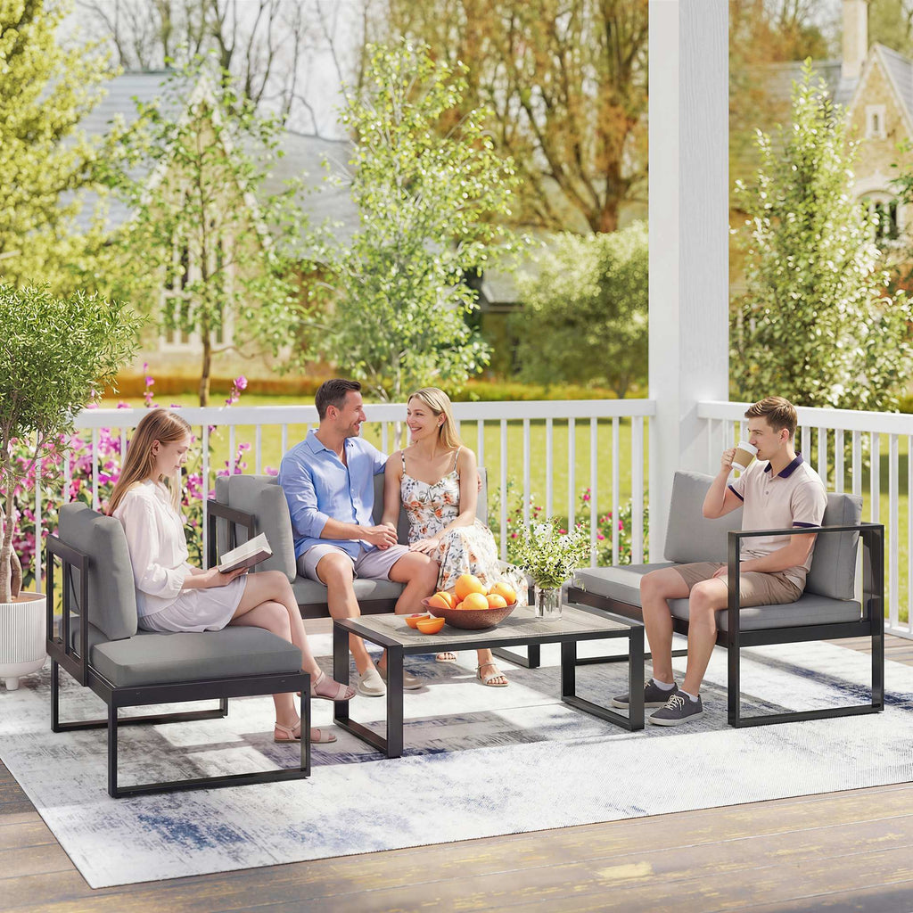 Solarias Salon de Jardin Extérieur d'Angle 5 Personnes avec 2 Canapés, Chaise Sans Accoudoirs, Table Basse, Gris Foncé