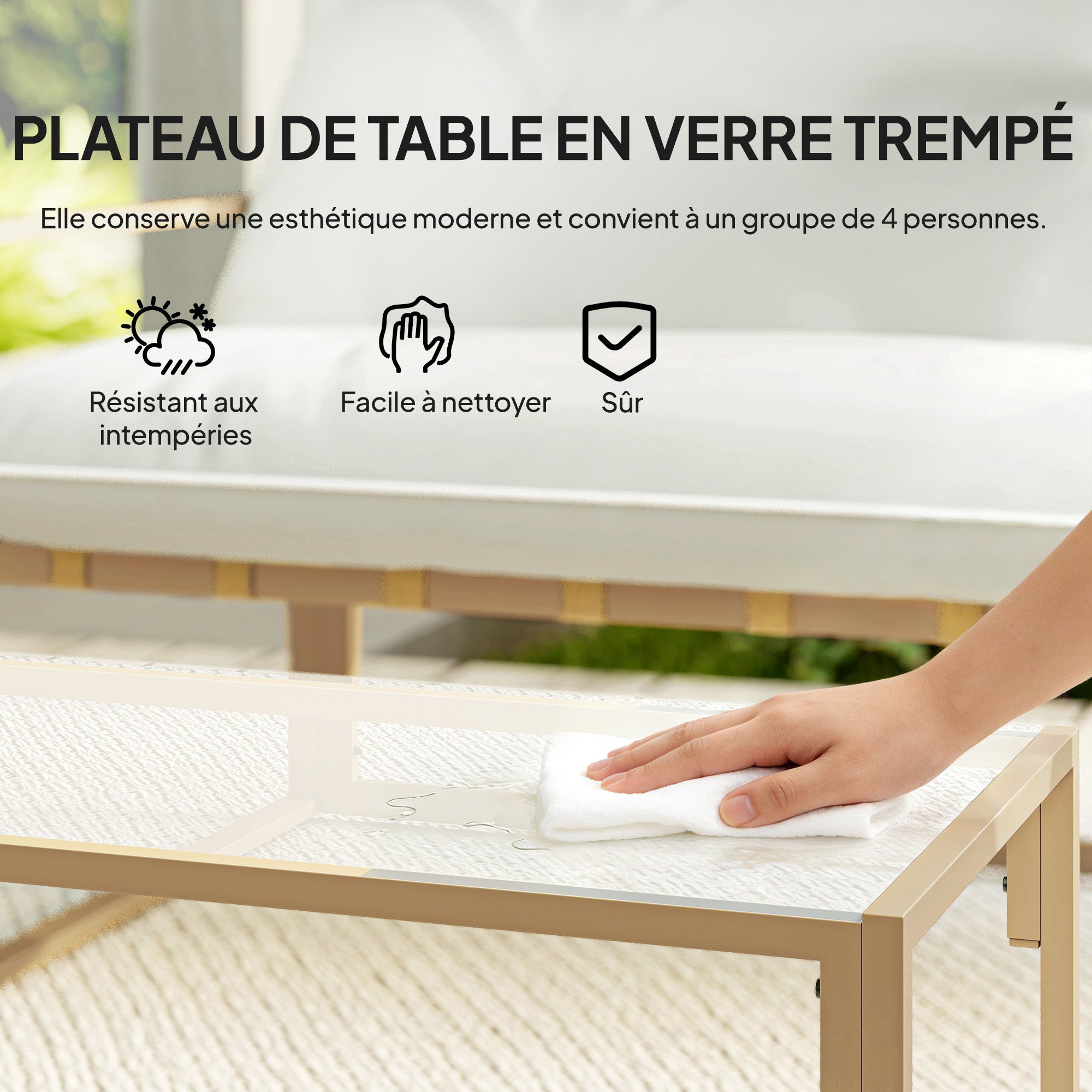 Solarias Salon de jardin extérieur 4 pièces avec coussins ultra-épais 15cm canapé 2 places avec table basse et 2 fauteuils k