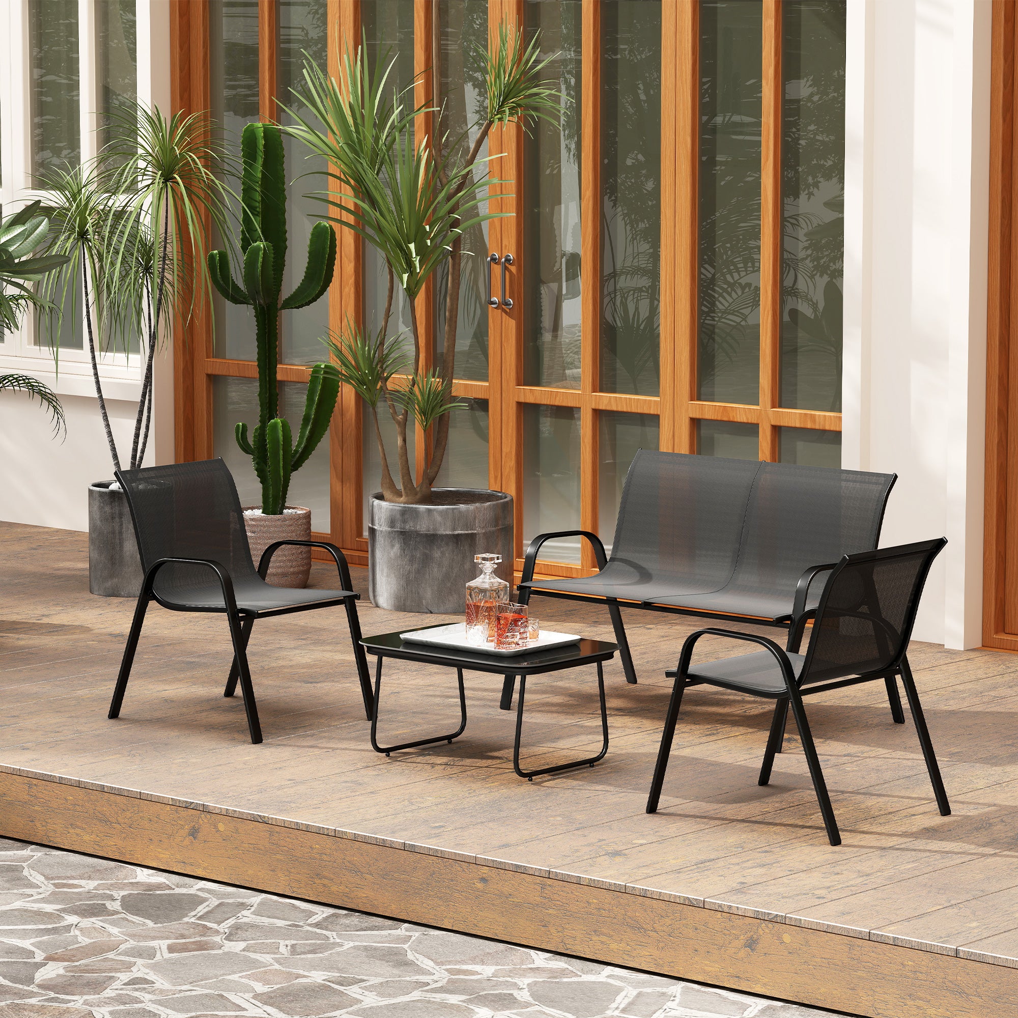 Solarias Ensemble de Jardin Outsunny avec Canapé 2 Places, 2 Fauteuils Empilables et Table Basse en Verre, Noir