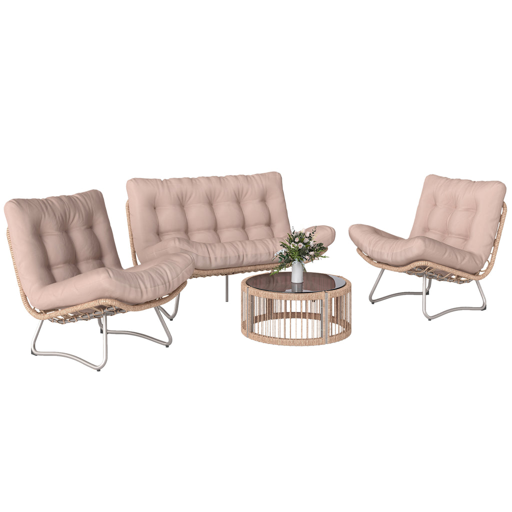 Solarias Ensemble de jardin 4 pièces Salon en polyrotin avec canapé 2 places 2 fauteuils Table en verre Assise large & profo