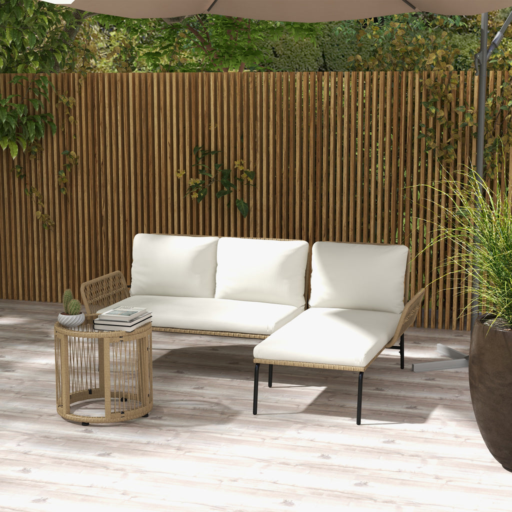 Solarias Salon de jardin extérieur d'angle 3 places en résine tressée avec canapés, chaise longue, table basse et coussins, 