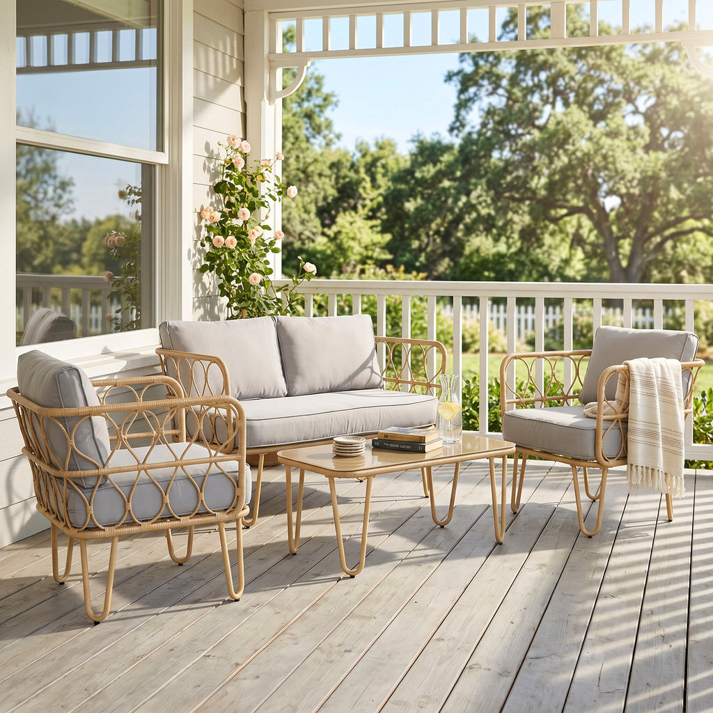 Solarias Ensemble salon de jardin canapé 2 places + 2 fauteuils + 1 table basse plateau verre trempé 7 coussins gris