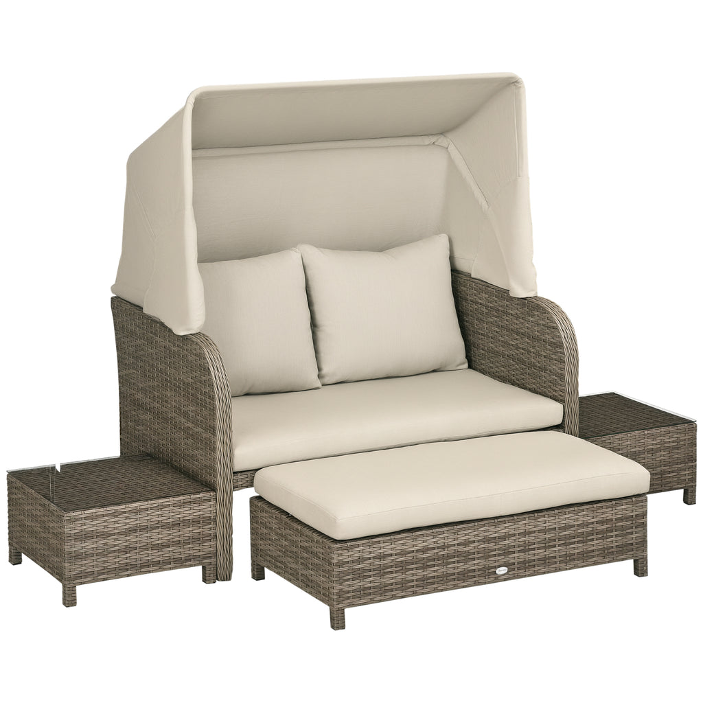 Solarias Ensemble salon de jardin 4 pièces canapé 2 places + 1 repose-pieds + 2 table basse avec coussins beige marron