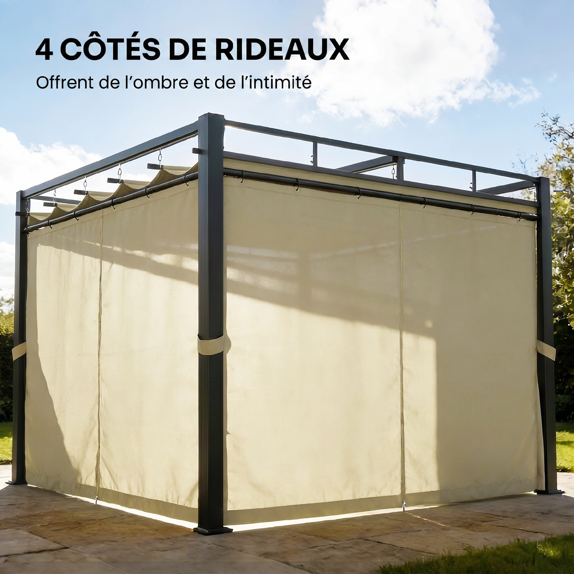 Solarias Pergola de Jardin Tonnelle de Jardin Extérieur Toit Rétractable 4 Rideaux Protection UV30+3x3m Beige