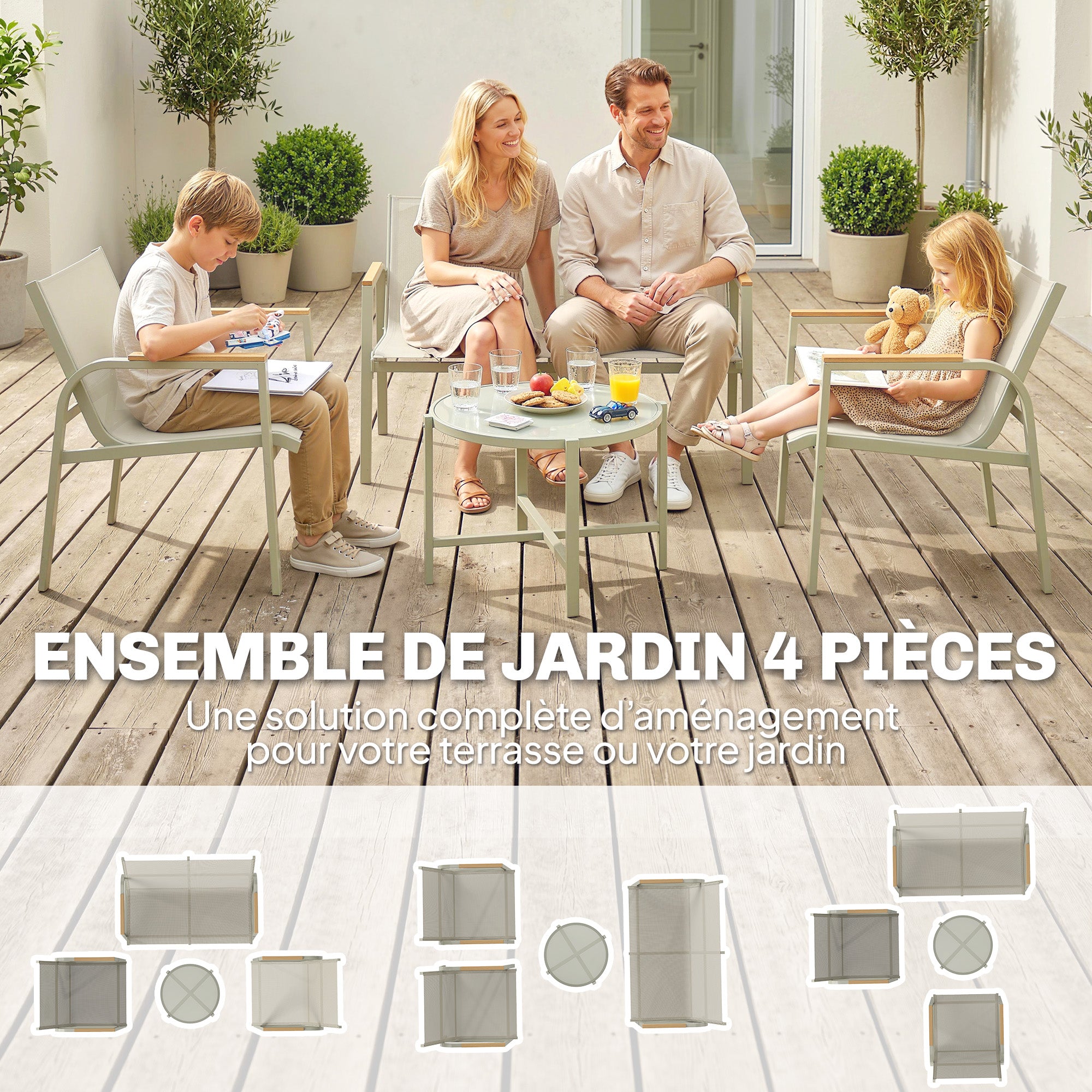 Solarias Salon de Jardin Ensemble de Terrasse avec Canapé 2 Places, 2 Fauteuils et Table Basse en Verre Trempé 4 Pièces Vert