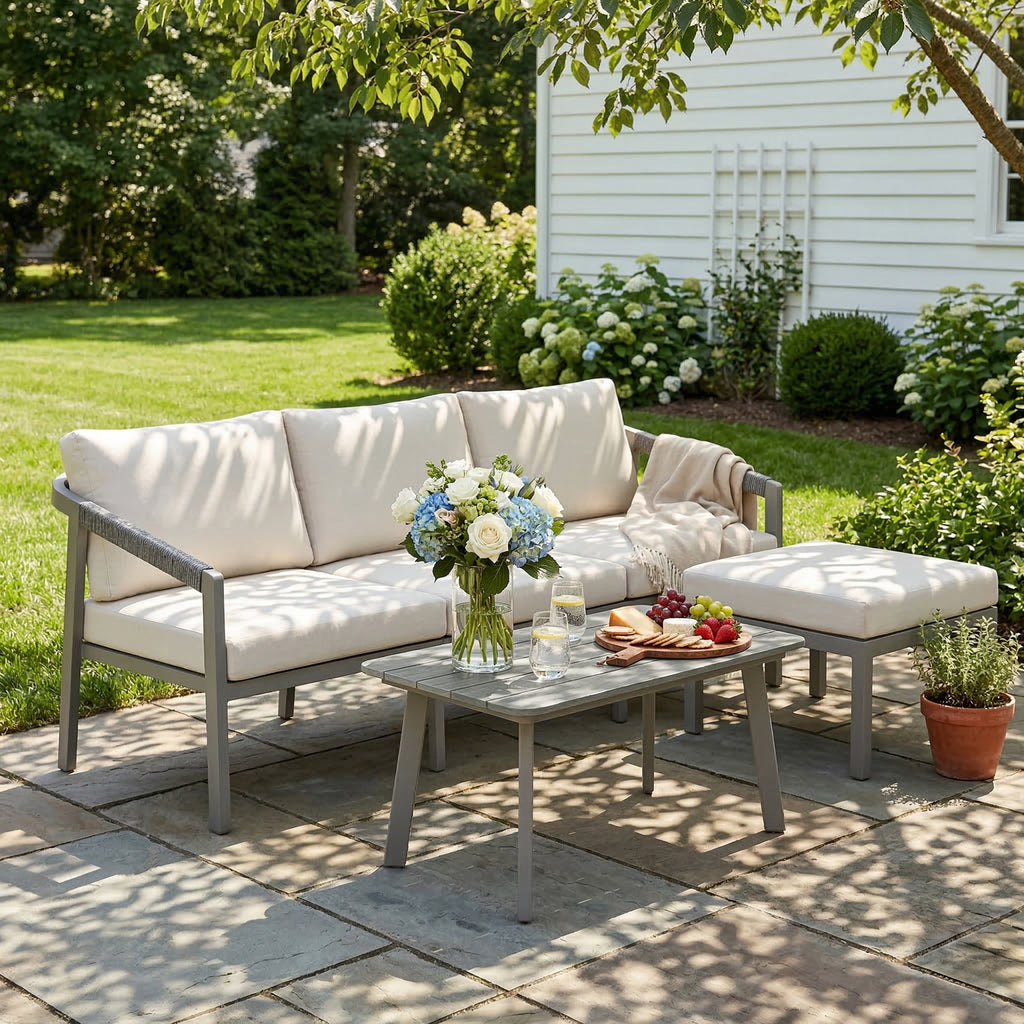 Solarias Ensemble de Jardin Extérieur de 3 Pièces avec Canapé 3 Places Repose-pieds Table Basse et Coussins Marron et beige
