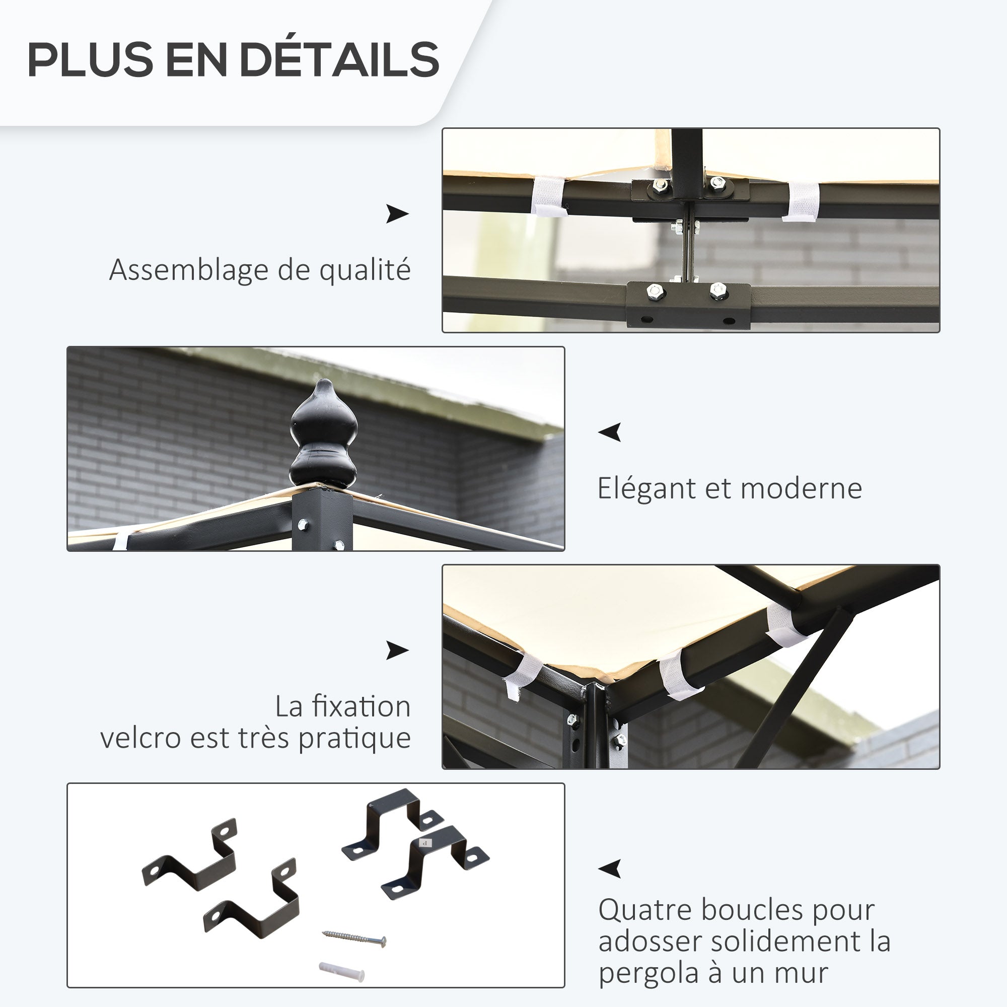 Solarias Pergola tonnelle de jardin auvent 3 x 3 m adossable métal gris polyester imperméabilisé anti-UV crème