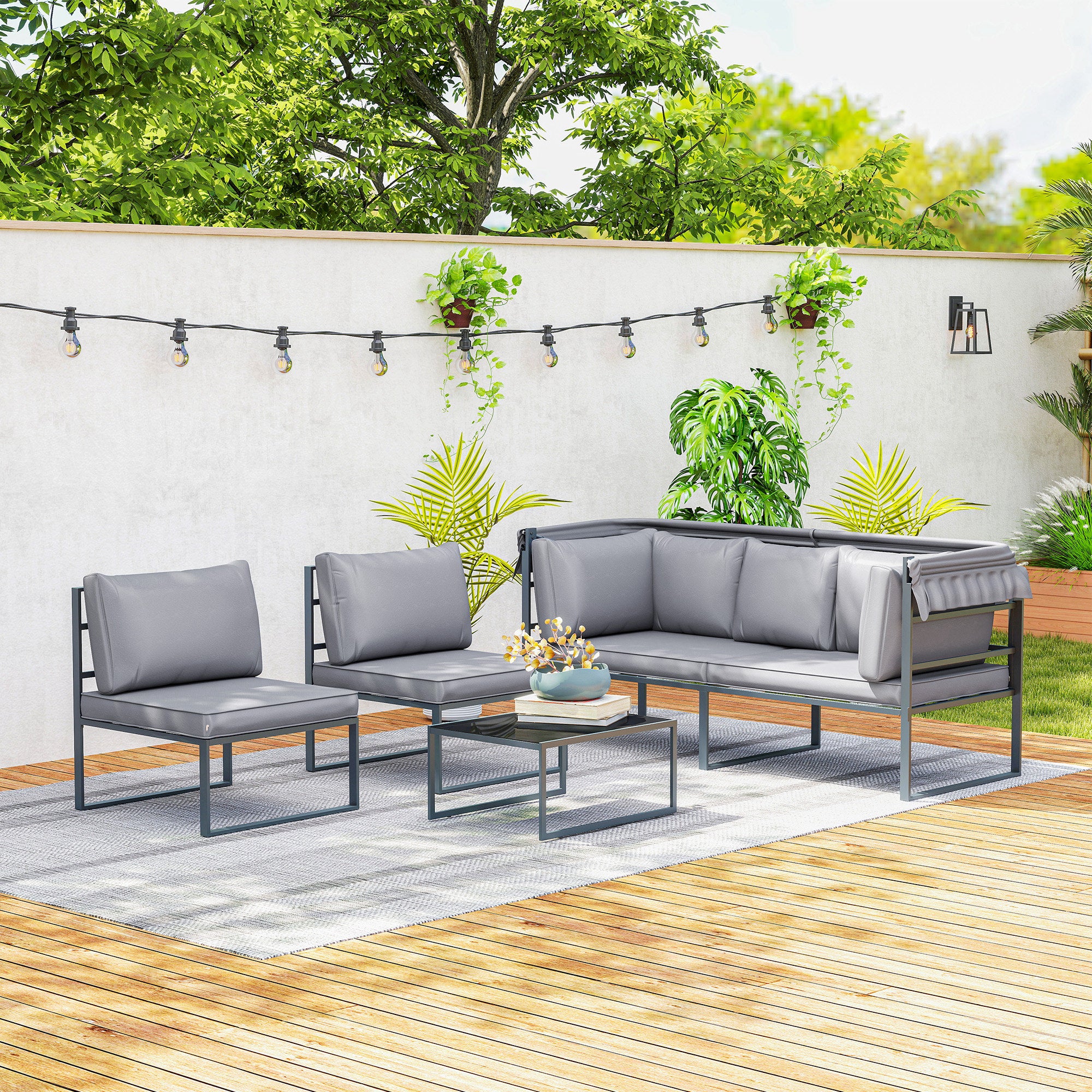 Solarias Salon de jardin extérieur 4 pièces modulaire avec canapé, fauteuil et table basse en verre trempé, coussins inclus,