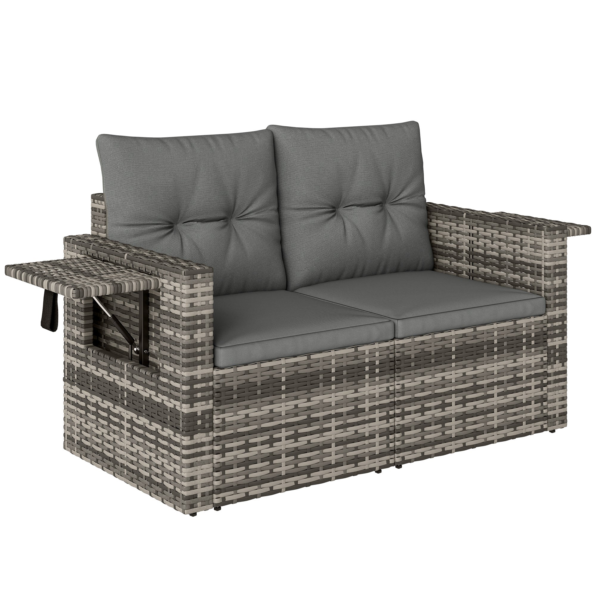 Solarias Canapé 2 places en rotin avec coussins Pliable Plateaux latéraux Sofa lounge Gris clair