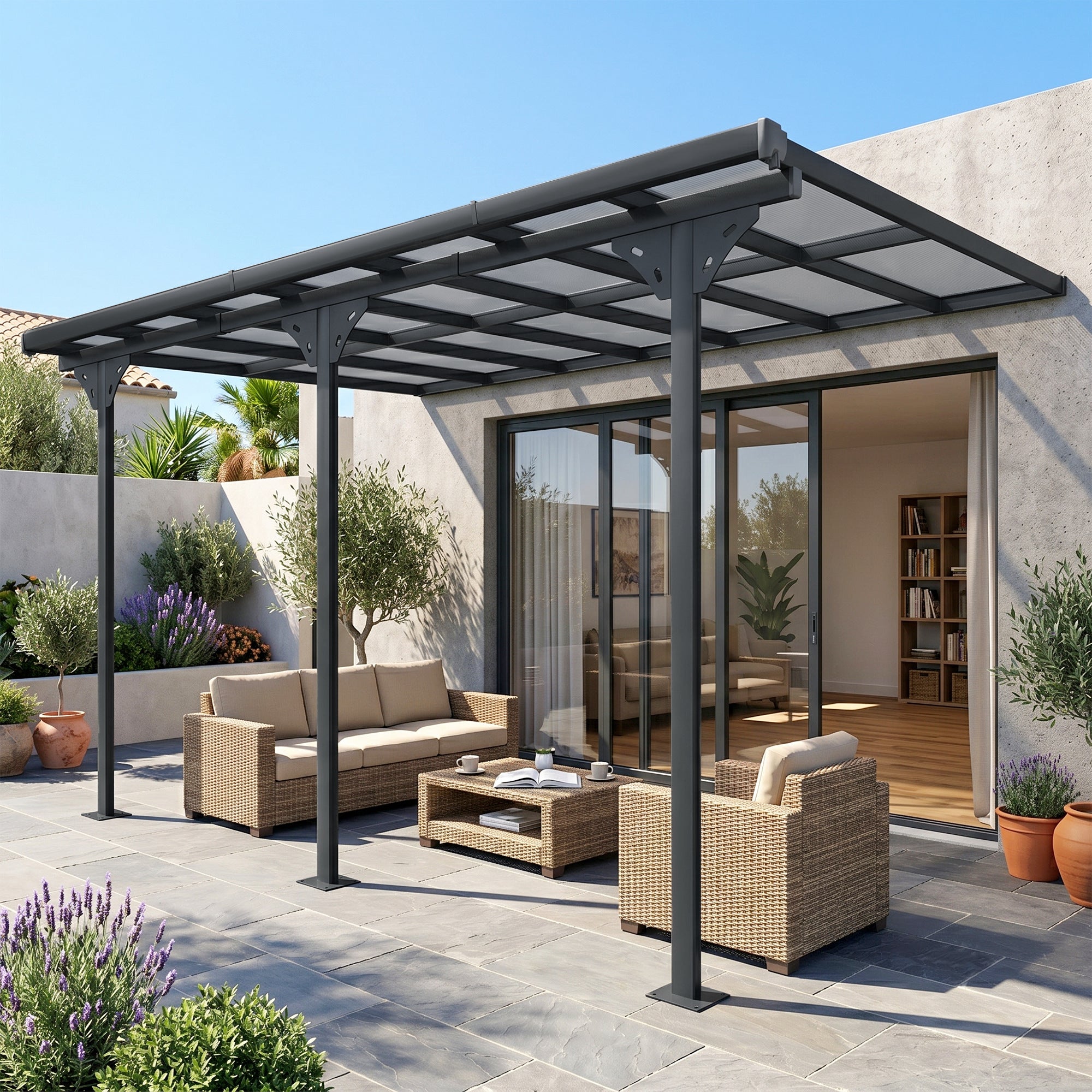 Solarias Pergola adossée aluminium 4,5 x 3 m avec toit en polycarbonate résistant UV, gouttière intégrée, tonnelle de jardin