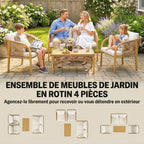 Solarias Salon de Jardin Extérieur 4 Pièces avec Canapé 2 Fauteuils Table Coussins, Acier Résine Tressée, 120x72x73cm, Kaki