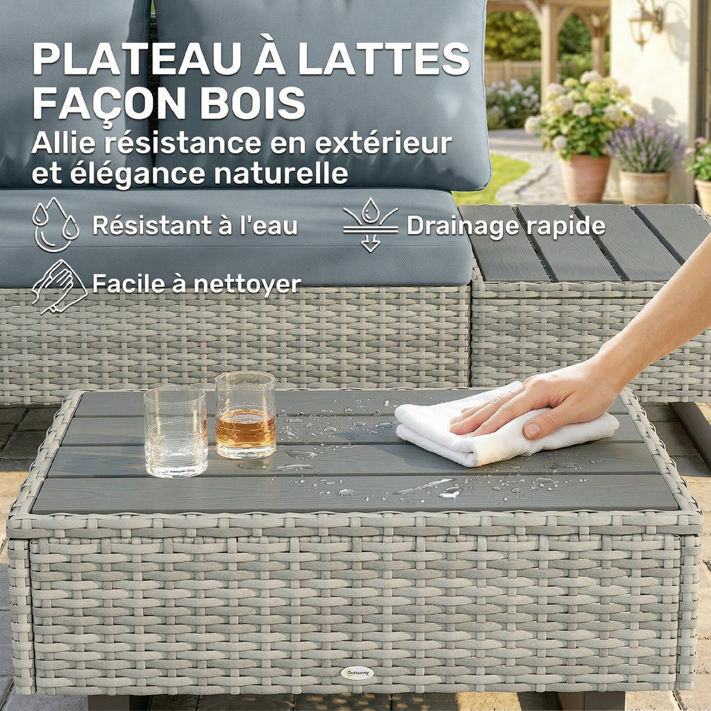 Solarias Salon de Jardin d'Angle en Résine Tressée 5 Places Modulable avec Méridienne Réglable avec Table en Composite Gris