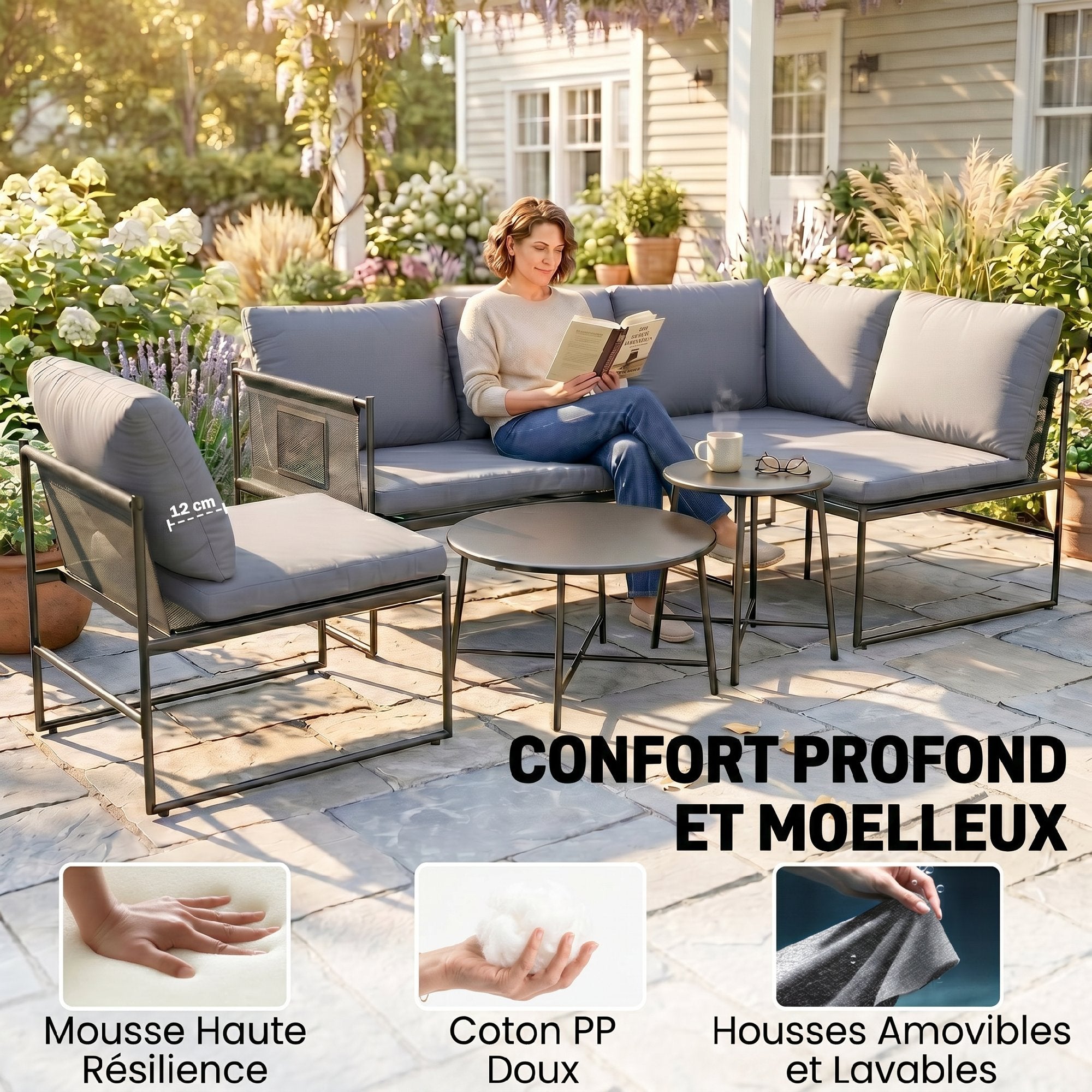 Solarias Salon de Jardin Extérieur 5 Pièces, 2 Canapés, 2 Tables, 1 Chaise, Pochette de Rangement, 182x167x65cm, Gris Foncé