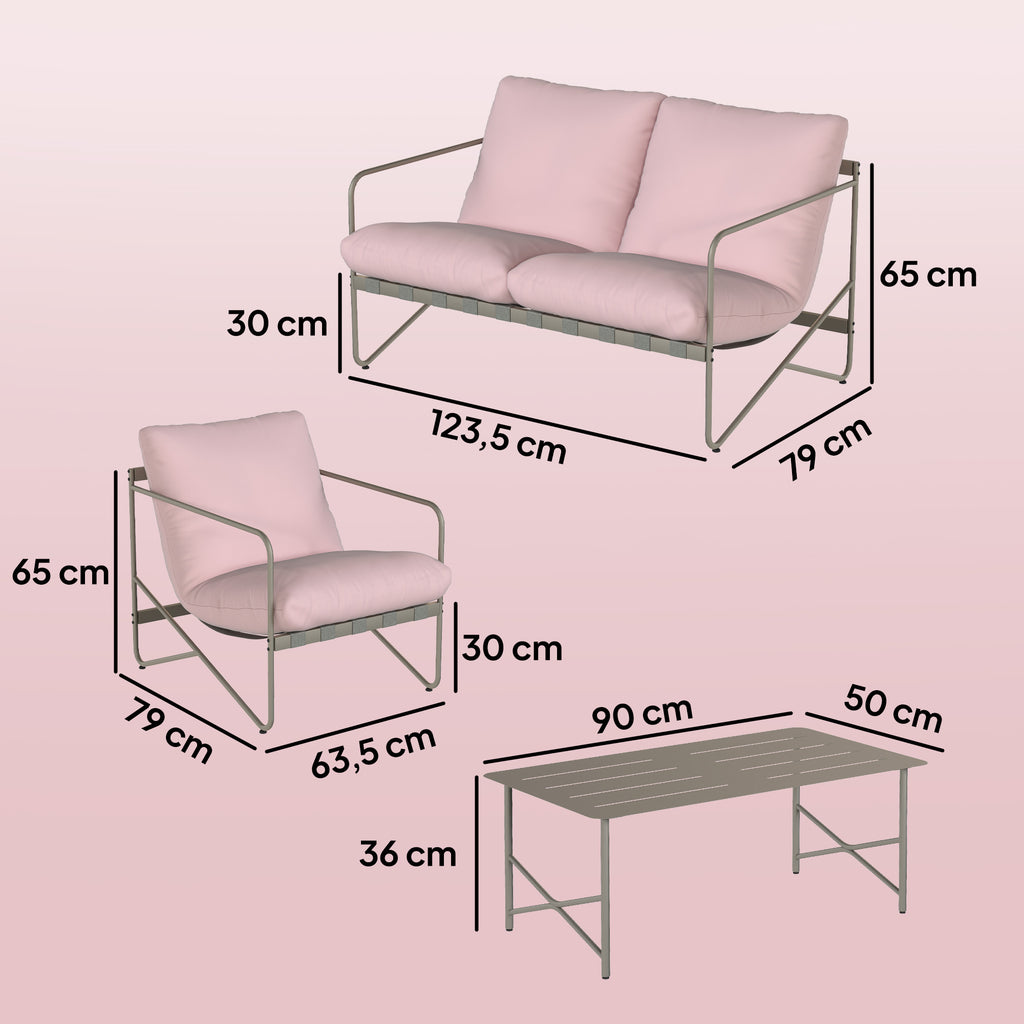 Solarias Ensemble de jardin 4 personnes : Canapé, Fauteuils, Table, Métal, Rose