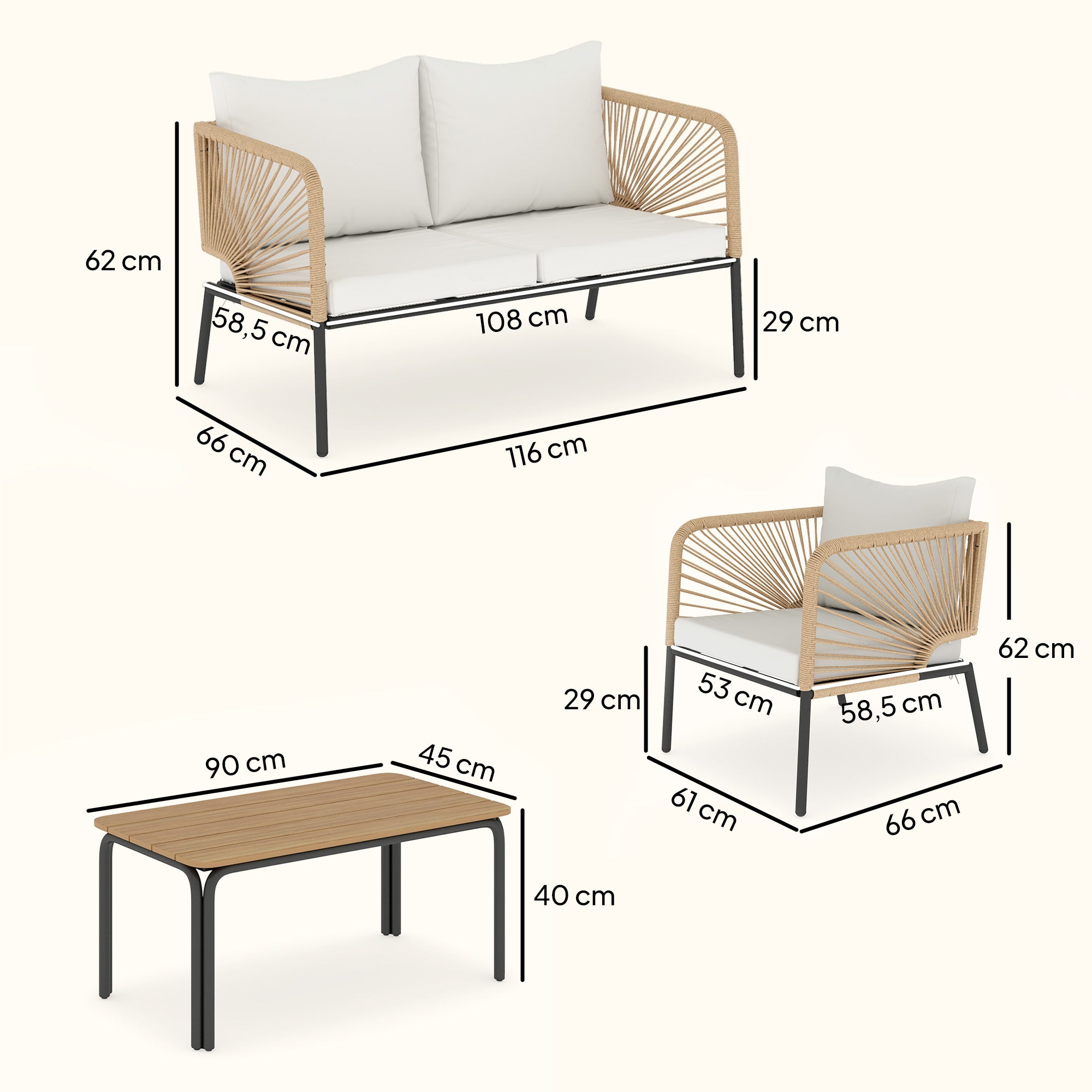 Solarias Ensemble de jardin pour 4 personnes, salon de jardin avec canapé 2 places, 2 fauteuils, table à lames, tressage cor