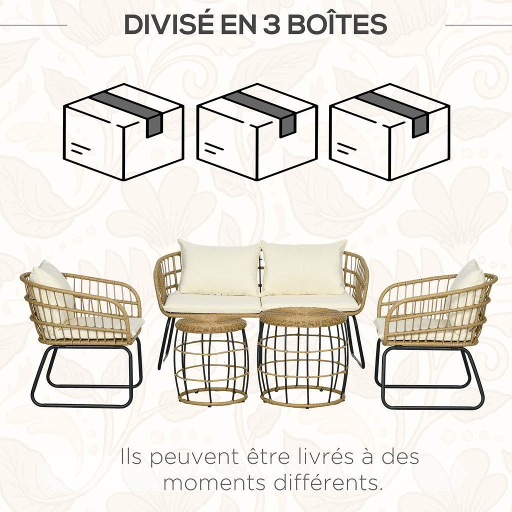 Solarias Ensemble salon de jardin meubles d'extérieur 4 places 2 fauteuils 1 canapé 2 places et 2 tables basses coussins inc