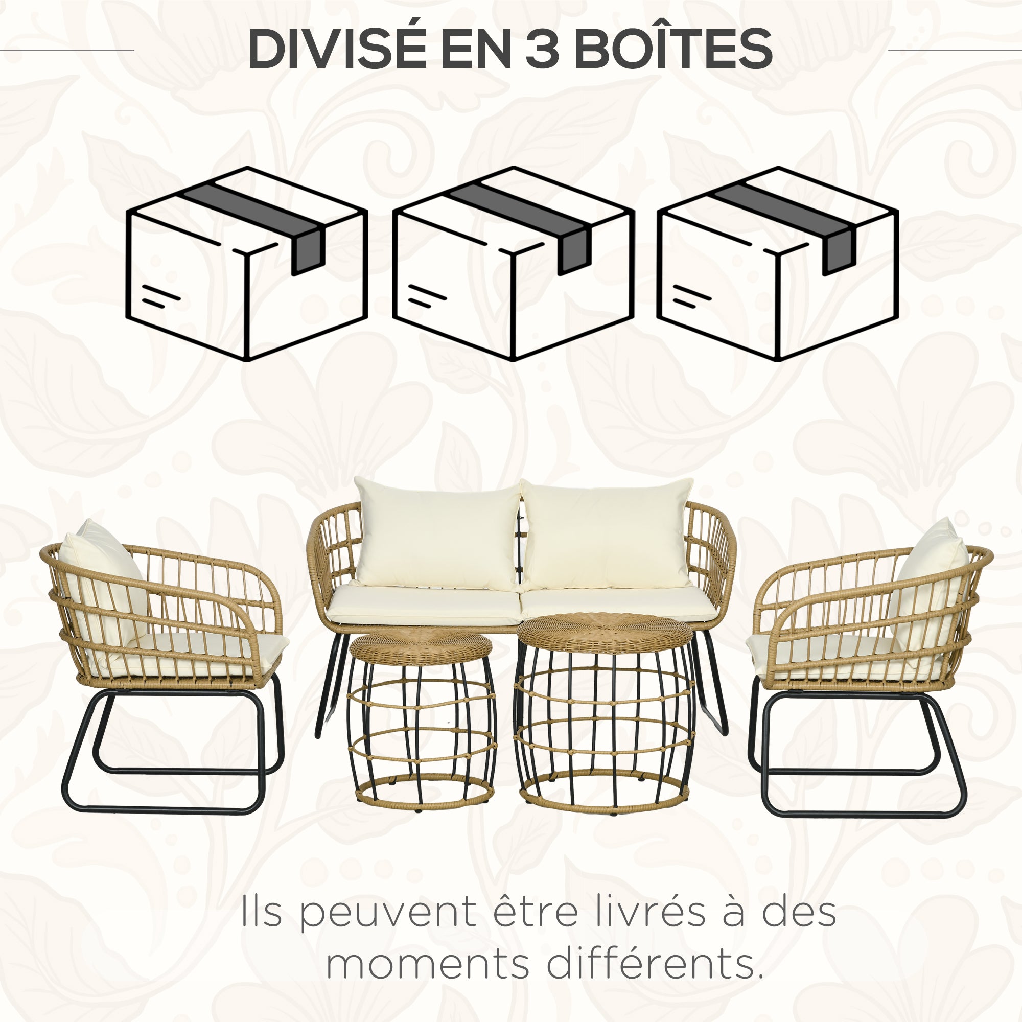 Solarias Ensemble salon de jardin meubles d'extérieur 4 places 2 fauteuils 1 canapé 2 places et 2 tables basses coussins inc