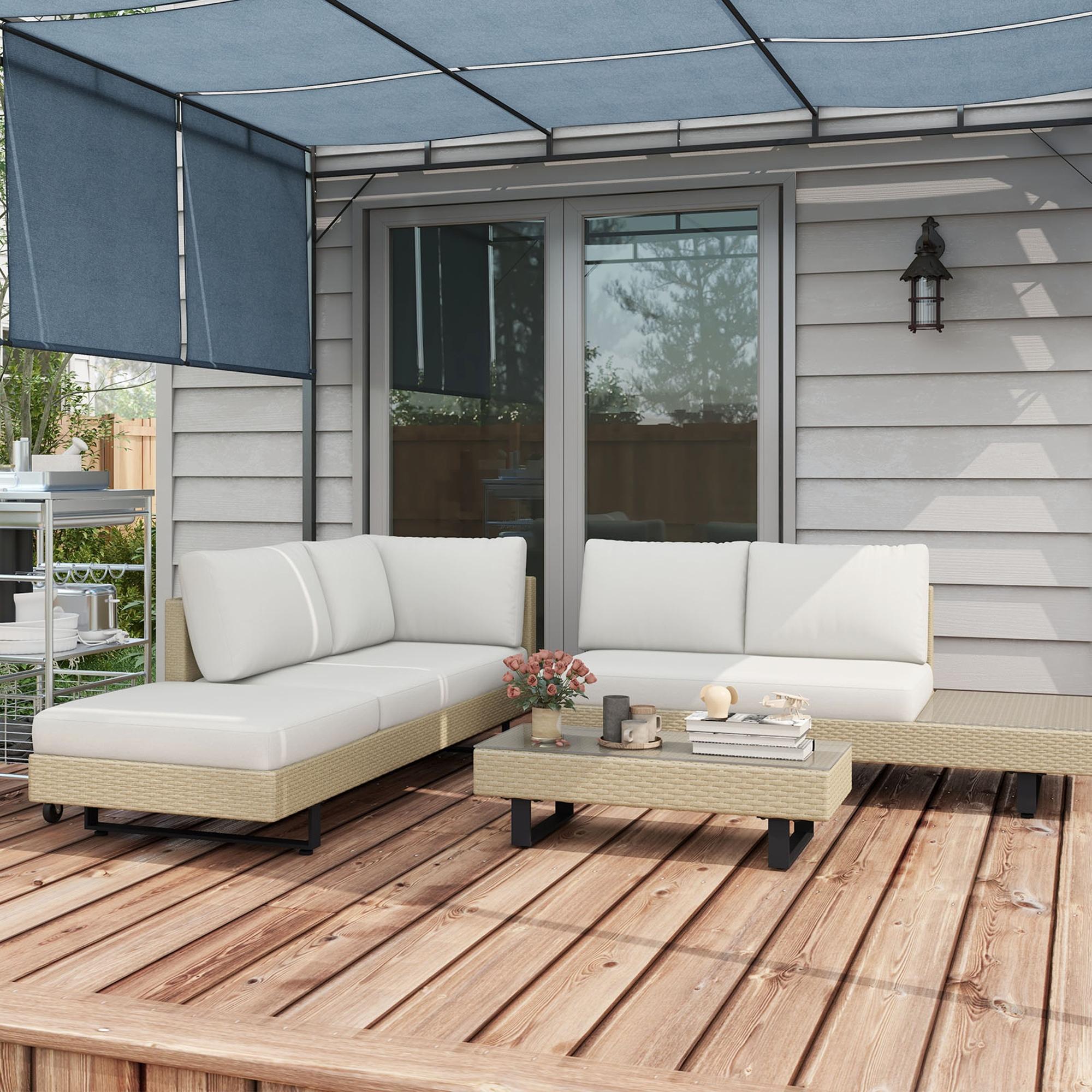 Solarias Salon de jardin d'angle 5 places design contemporain coussins déhoussables table basse acier époxy résine tressée b
