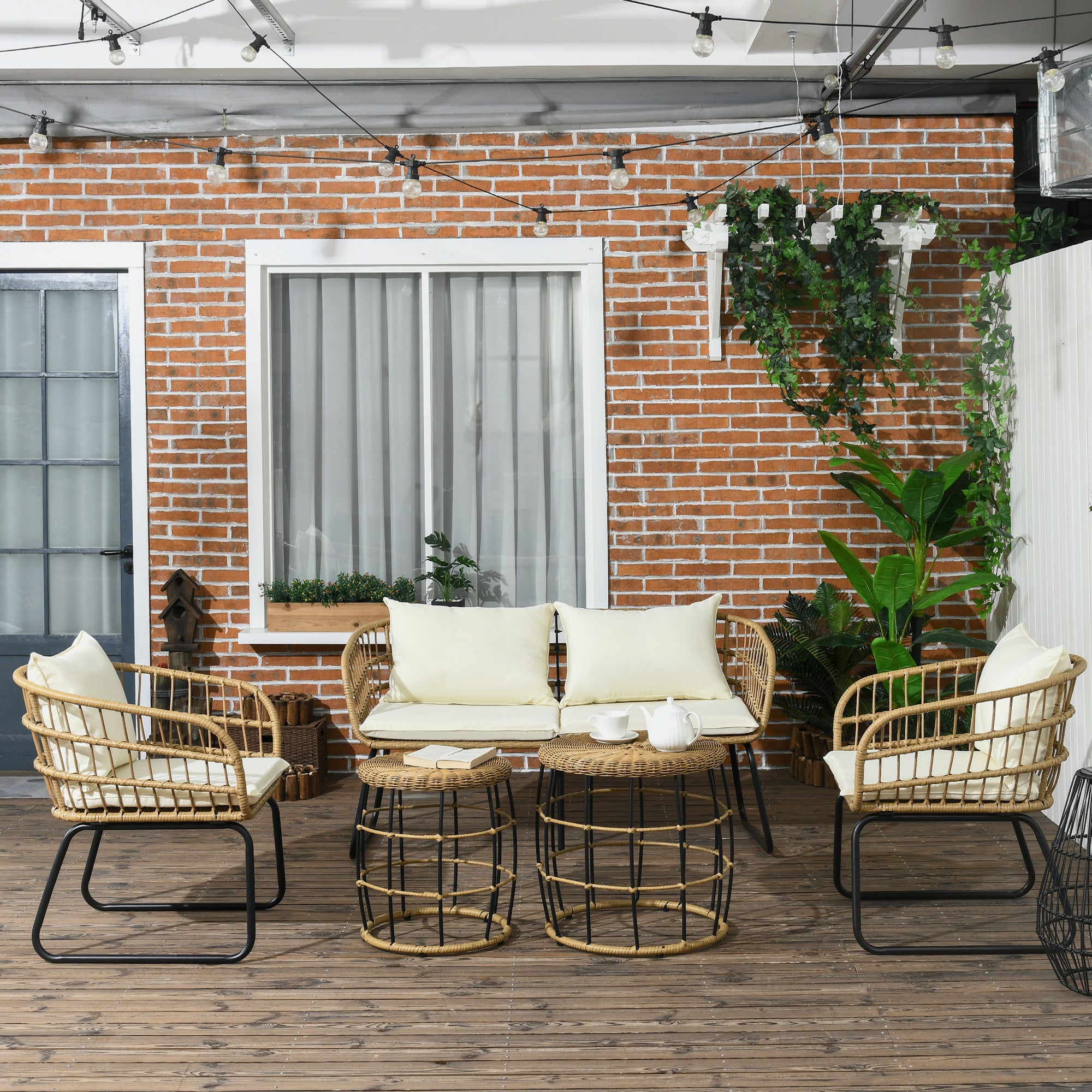 Solarias Ensemble salon de jardin meubles d'extérieur 4 places 2 fauteuils 1 canapé 2 places et 2 tables basses coussins inc