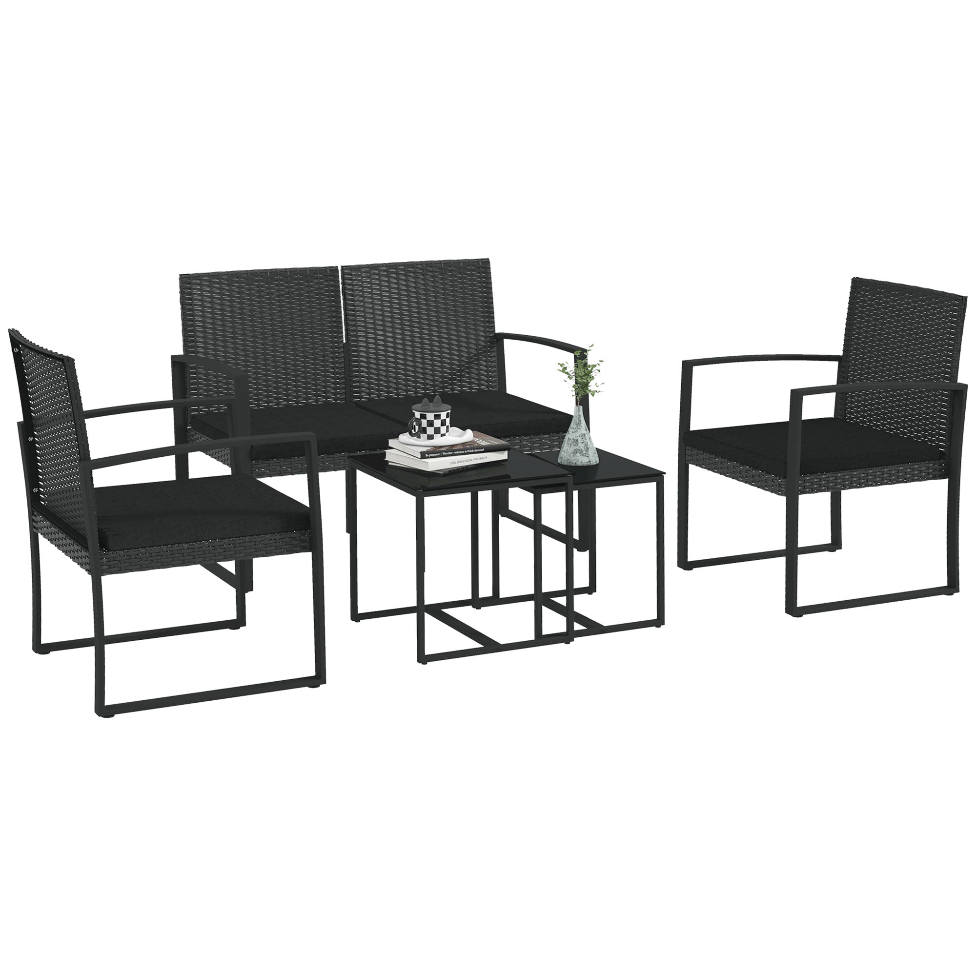 Solarias Ensemble de Jardin avec 2 Chaises, Canapé et 2 Tables avec Coussins et Plateau en Verre, Noir