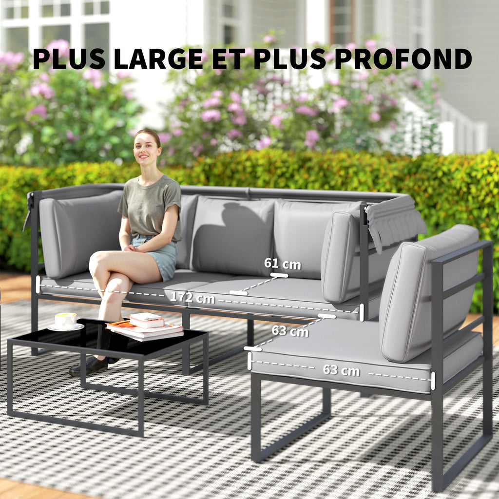 Solarias Salon de jardin extérieur 4 pièces modulaire avec canapé, fauteuil et table basse en verre trempé, coussins inclus,